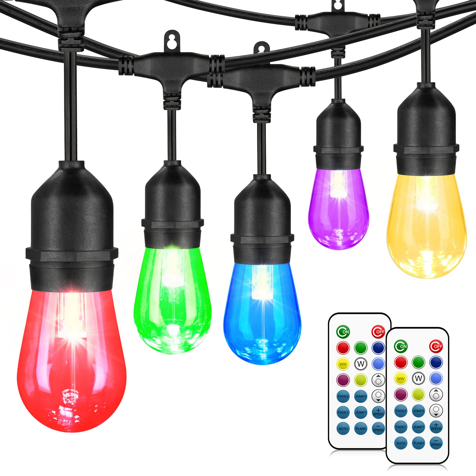 48FT Outdoor LED String Lights - Waterproof Dimmable RGB Patio Lights with Remote Control & 15 Shatterproof Bulbs - Perfect for Bistro, Cafe, Garden Party, Backyard Wedding, and Outdoor Decor (Black, 1 Pack)