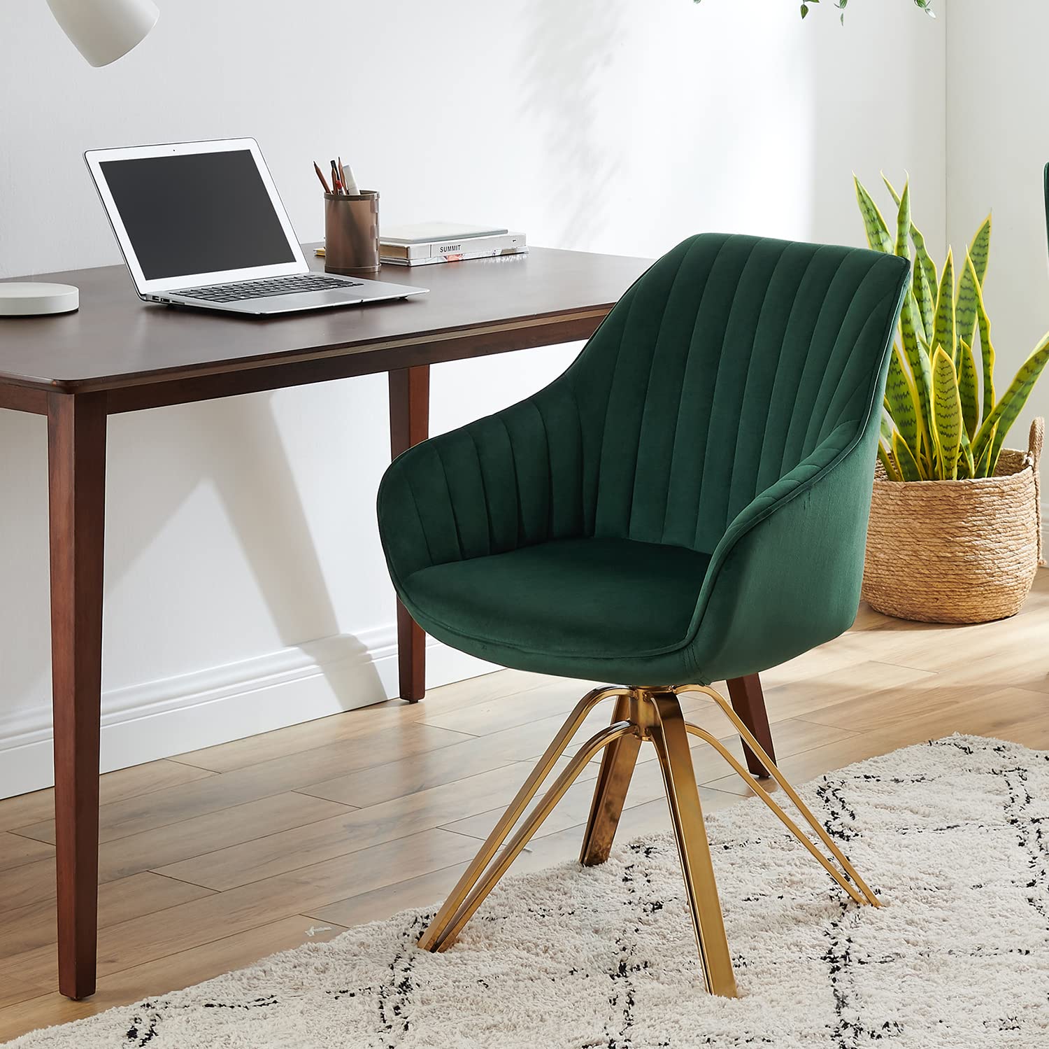 Volans Mid Century Modern Desk Chair - No Wheels Upholstered Swivel Accent Chair with Hollow Brushed Gold Legs - Home Office Chair for Bedroom & Workspace - Green & Black Velvet Fabric - Perfect for Zoom Meetings & Small Spaces