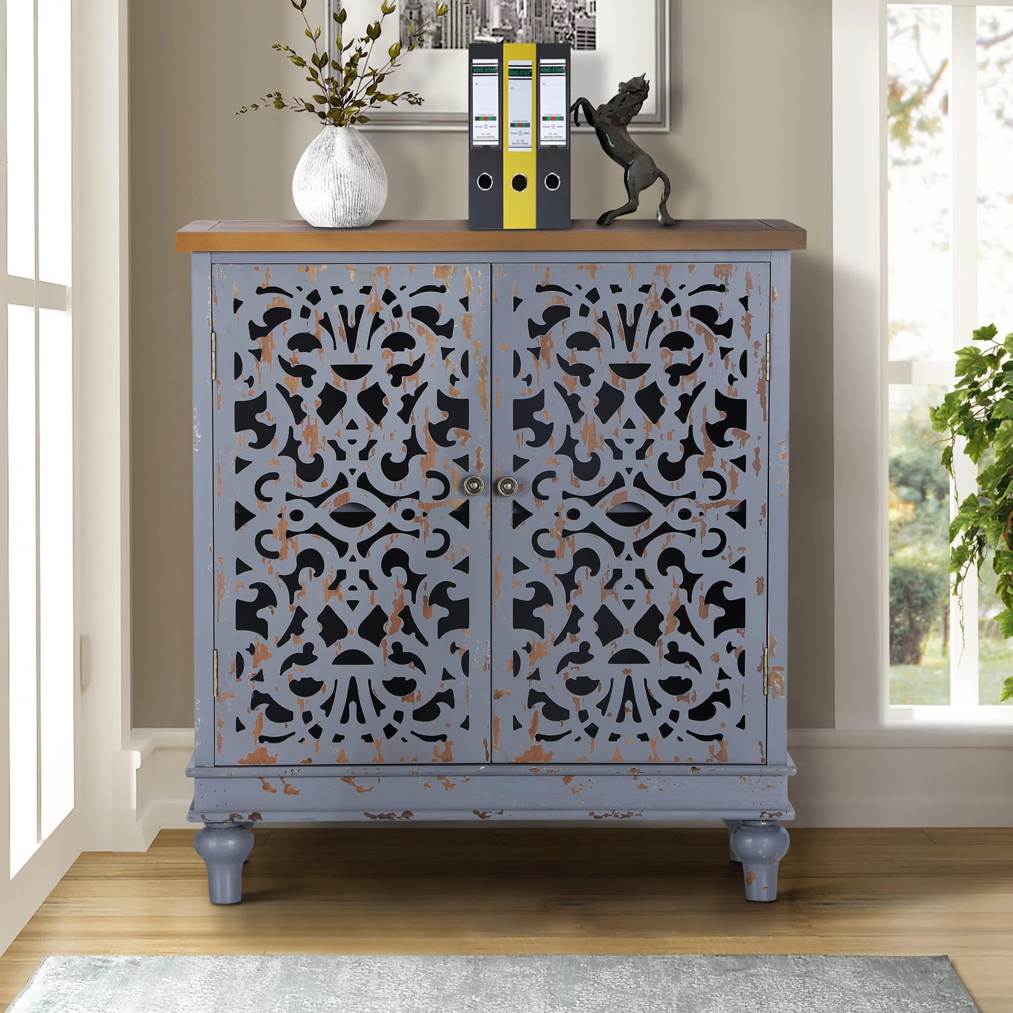 Distressed Grey Farmhouse Accent Cabinet with Doors - Rustic Hollow Carved Storage Cabinet for Entryway, Living Room & Bedroom | Home Decor & Organization Solution