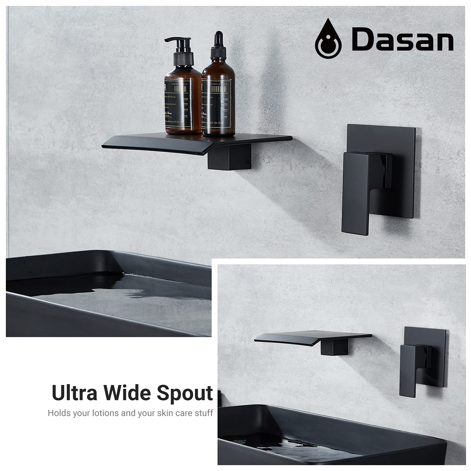 Modern Matte Black Wall Mount Waterfall Bathroom Faucet - Single Handle Wall Mounted Sink Faucet with Upgraded Rough-in Valve | Perfect for Contemporary Bathrooms, Powder Rooms & Spa-Like Showers