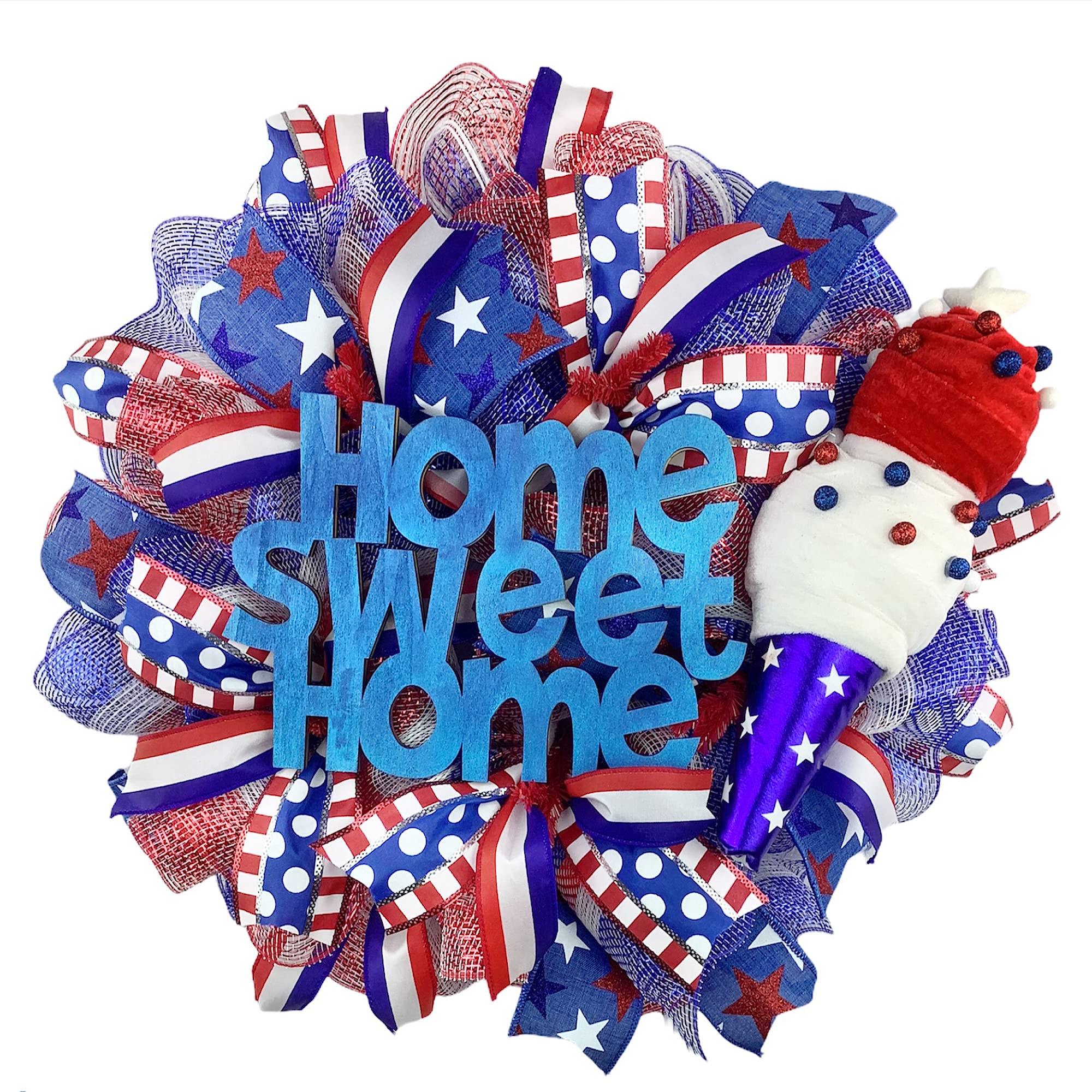 Handcrafted Patriotic 'Home Sweet Home' Ice Cream Wreath - Red White & Blue Front Door Decor for Independence Day & July 4th Celebrations - Perfect for Outdoor Summer Parties & American Holiday Home Decor