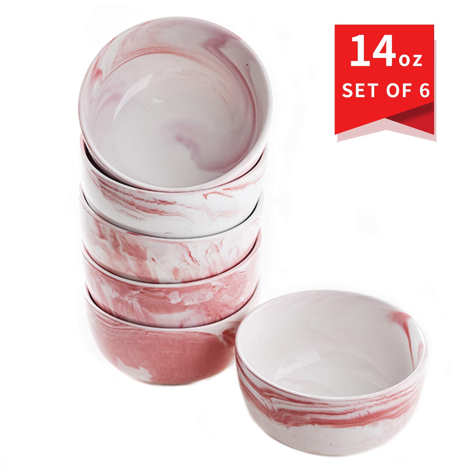 Yundu 14oz Pink Marble Porcelain Bowls Set of 6 - Microwave & Dishwasher Safe - Perfect for Ice Cream, Dessert, Cereal, Soup & Salad - Elegant Serving Bowls for Parties, Daily Use & Home Decor