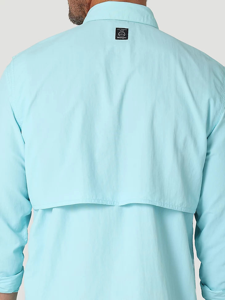 ATG By Wrangler™ Men's Long Sleeve Fishing Shirt - Gulf Blue - Moisture Wicking & UV Protection for Outdoor Activities, Hiking, and Camping