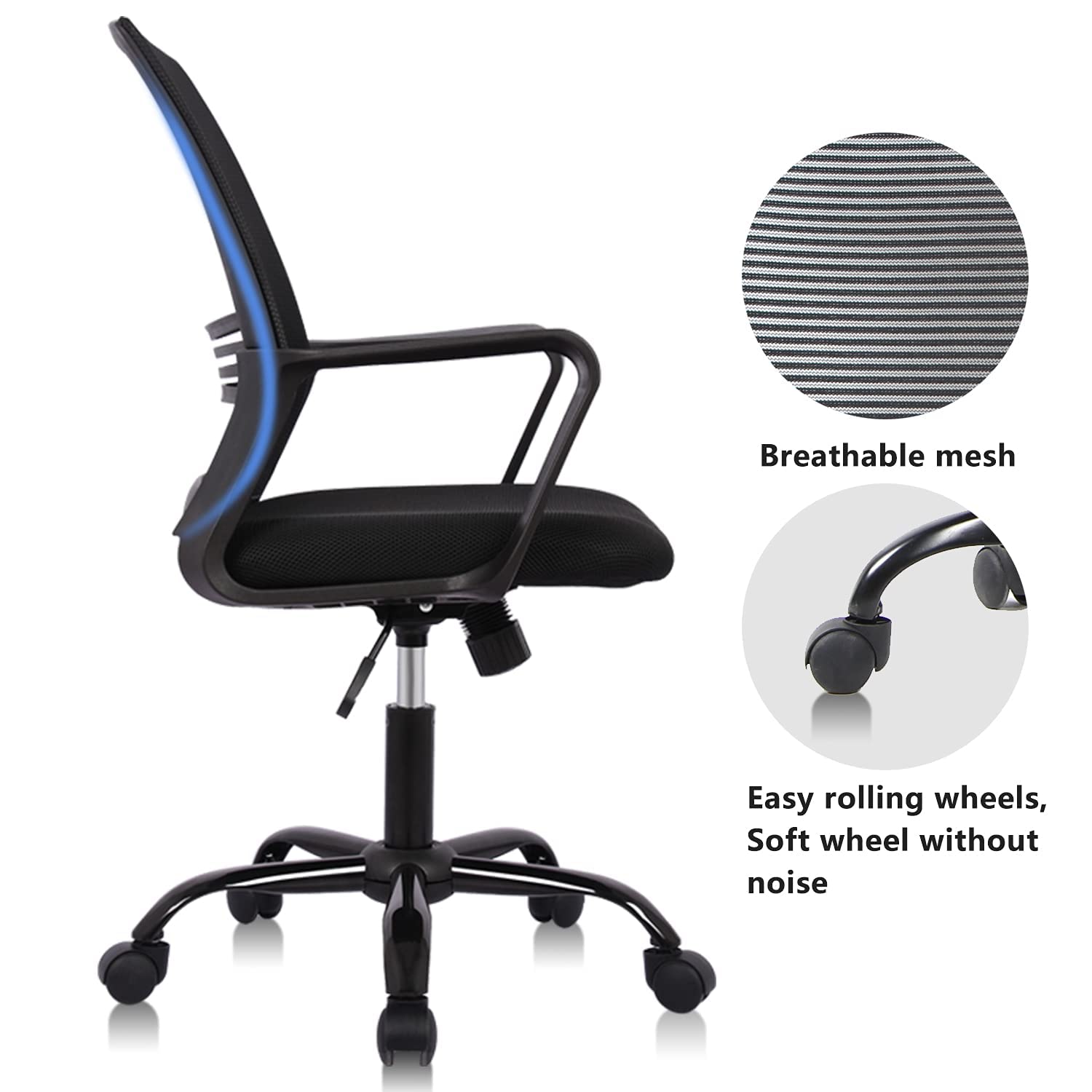 Ergonomic Black Office Chair with Wheels - Adjustable Mid Back Computer Desk Chair with Lumbar Support & Armrests - Perfect for Home Office, Gaming, and Workspace Comfort