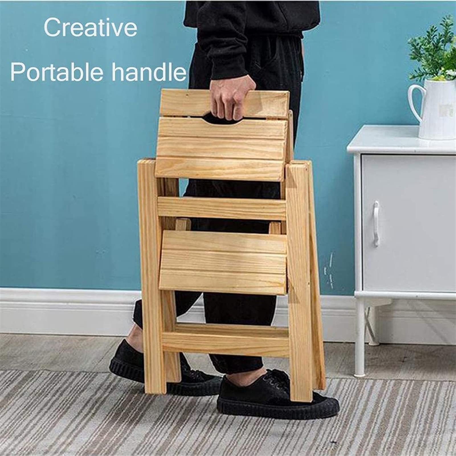 Foldable Wooden Step Stool for Kitchen - Non-Slip Portable Ladder Stool with Anti-Skid Foot Cover - Multifunctional Indoor Climbing Stool for Home, Bathroom, and Garage Use