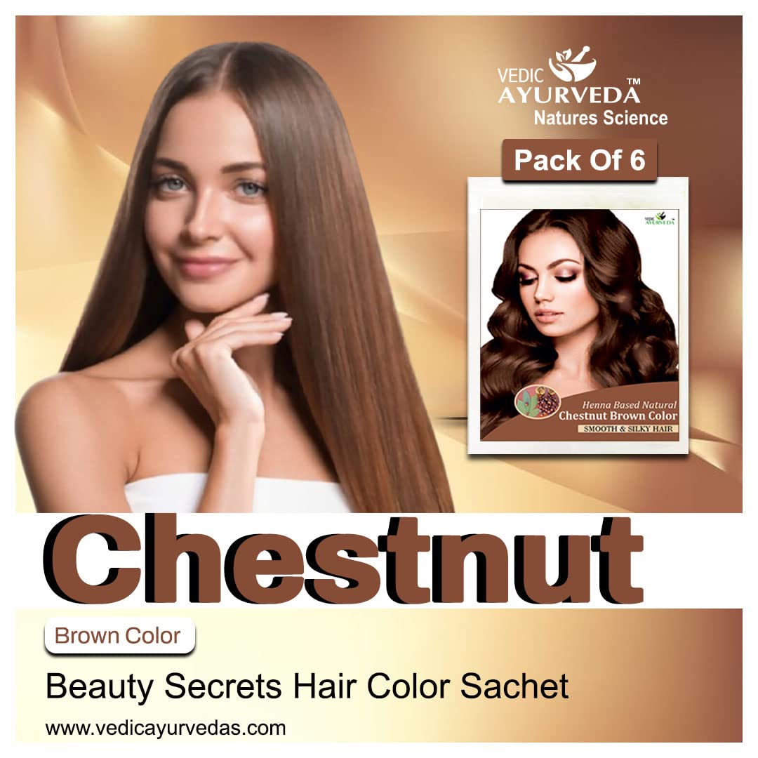 VedicAyurveda Chestnut Brown Henna Hair Color - 100% Natural & Chemical-Free (Pack of 6) | Safe Gray Coverage & Hair Conditioning for Women & Men | Perfect for Home Use, Salons & Ayurvedic Hair Care Routines