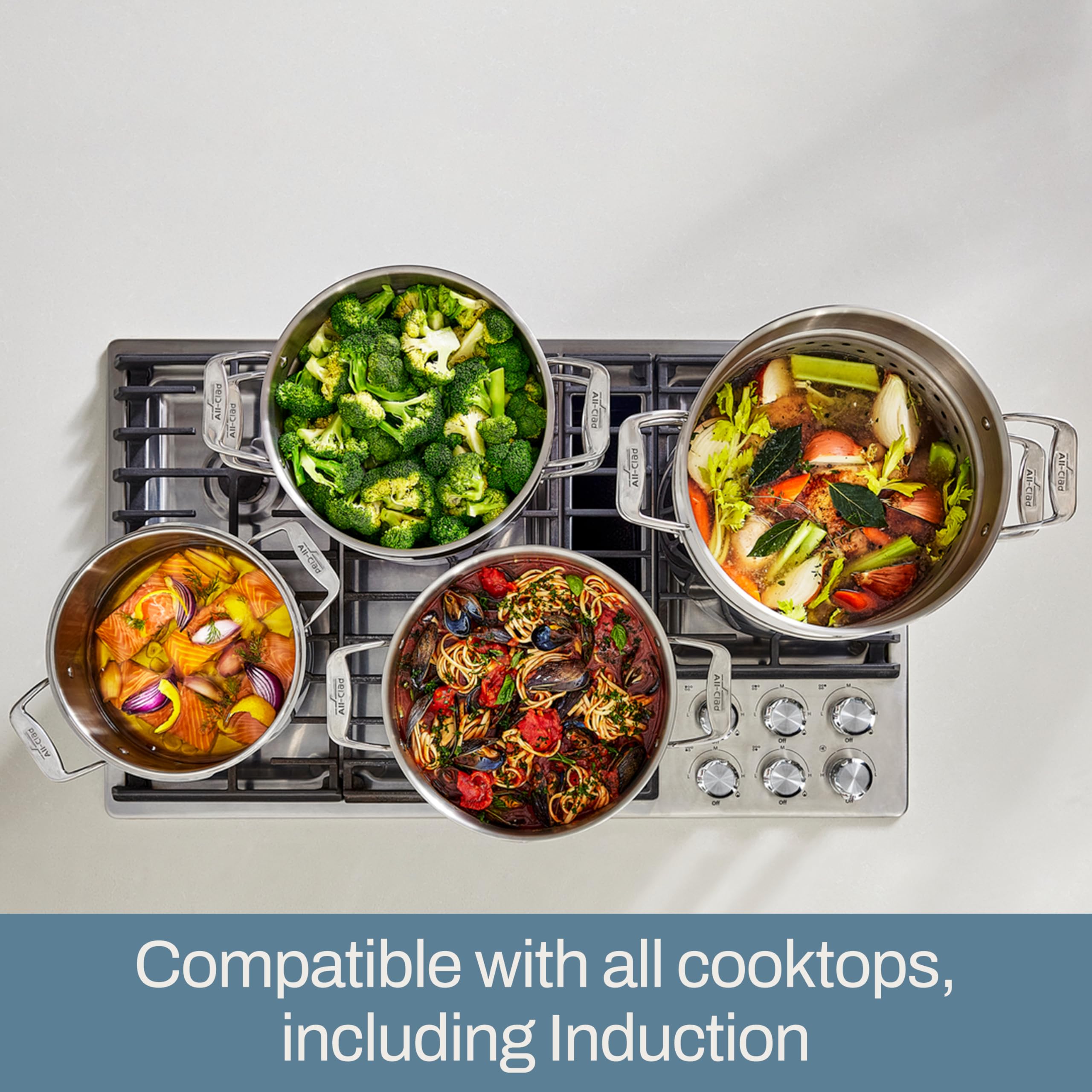 All-Clad 6-Quart Stainless Steel Multipot with Straining Lid - Induction Compatible, Oven & Broiler Safe up to 600°F - Pasta Strainer, Steamer Pot & Cookware for Home Kitchen - Perfect for Cooking Pasta, Steaming Vegetables & One-Pot Meals
