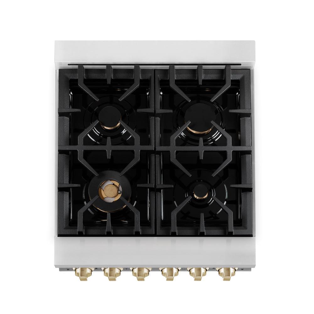 ZLINE Autograph Edition 24-inch 2.8 cu. ft Dual Fuel Range - Stainless Steel Gas Cooktop with 4 Burners & Electric Convection Oven - White Matte Door & Polished Gold Accents (RAZ WM 24 G) | Perfect for Modern Kitchens, Home Chefs & Luxury Appliance Upgrades