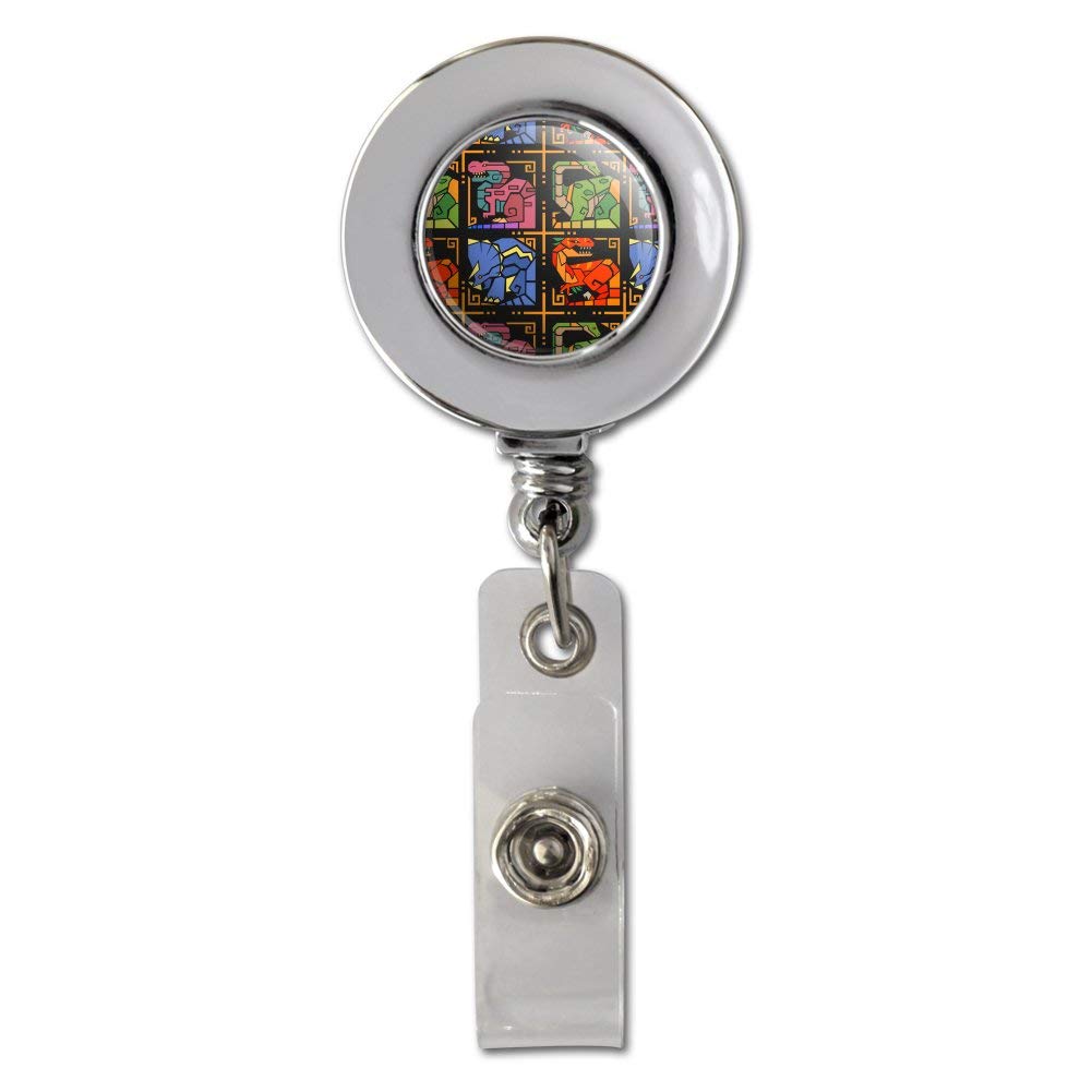 Aztec Mayan Style Geometric Dinosaur ID Badge Holder - Tyrannosaurus, Triceratops, Velociraptor & Brontosaurus Chrome Retractable Reel Clip - Perfect for Office Security, Events & Conventions