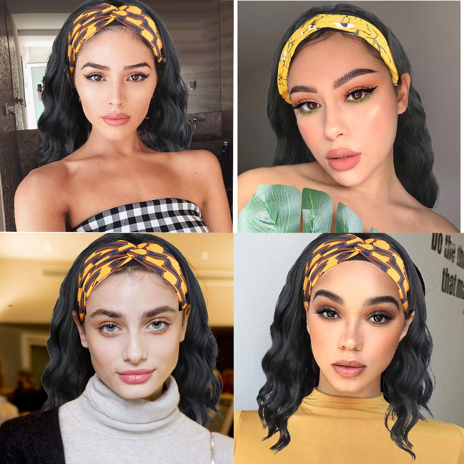 Short Curly Headband Wigs for Black Women - 14 Inch Black Wavy Synthetic Wigs with Attached Headband & Ice Silk Turban - Body Wave Head Wrap Wigs for Women - Perfect for Daily Wear, Cosplay, and Protective Hairstyles