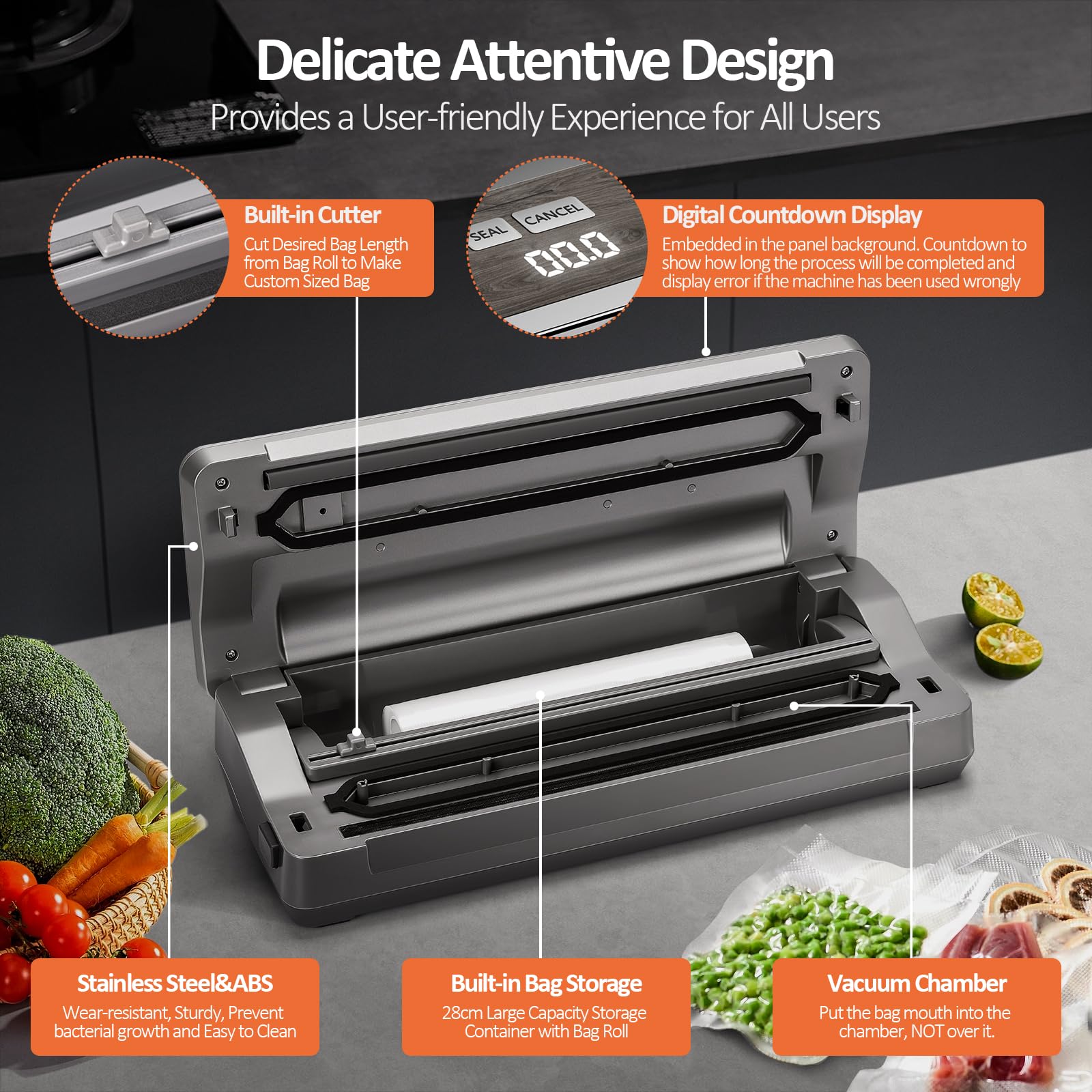 90kPa 120W Powerful Vacuum Sealer Machine with Built-in Cutter | Digital Countdown Display | Includes 2 Bag Rolls & 5 Pre-cut Bags | Ideal for Food Storage, Meal Prep & Sous Vide Cooking (Gray)