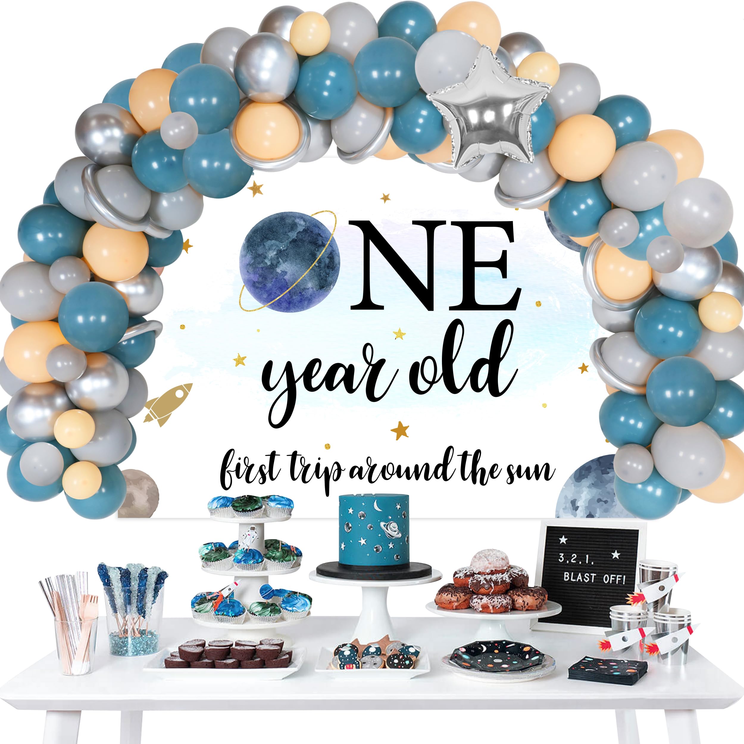 Outer Space Themed 1st Birthday Party Decorations for Boys - First Trip Around the Sun Balloon Garland Arch, One Year Old Backdrop, Planet Star Astronaut Foil Balloons | Perfect for Baby Boy's First Birthday, Space-Themed Nursery Decor, and Cosmic Celebration Parties