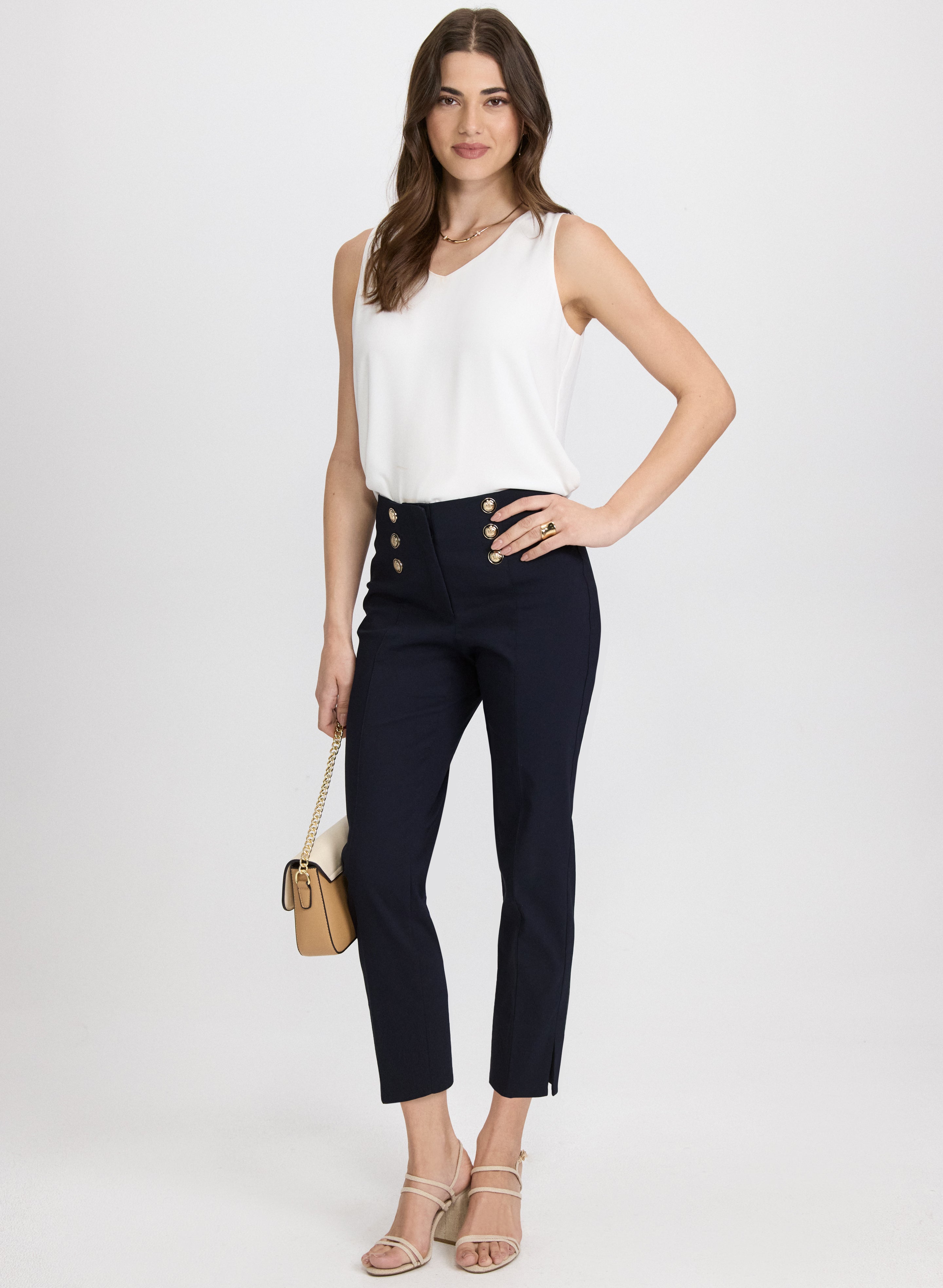 Emma Button Detail Pants for Women - High Waisted Stretch Trousers with Decorative Buttons | Perfect for Office, Casual Wear & Date Night Outfits