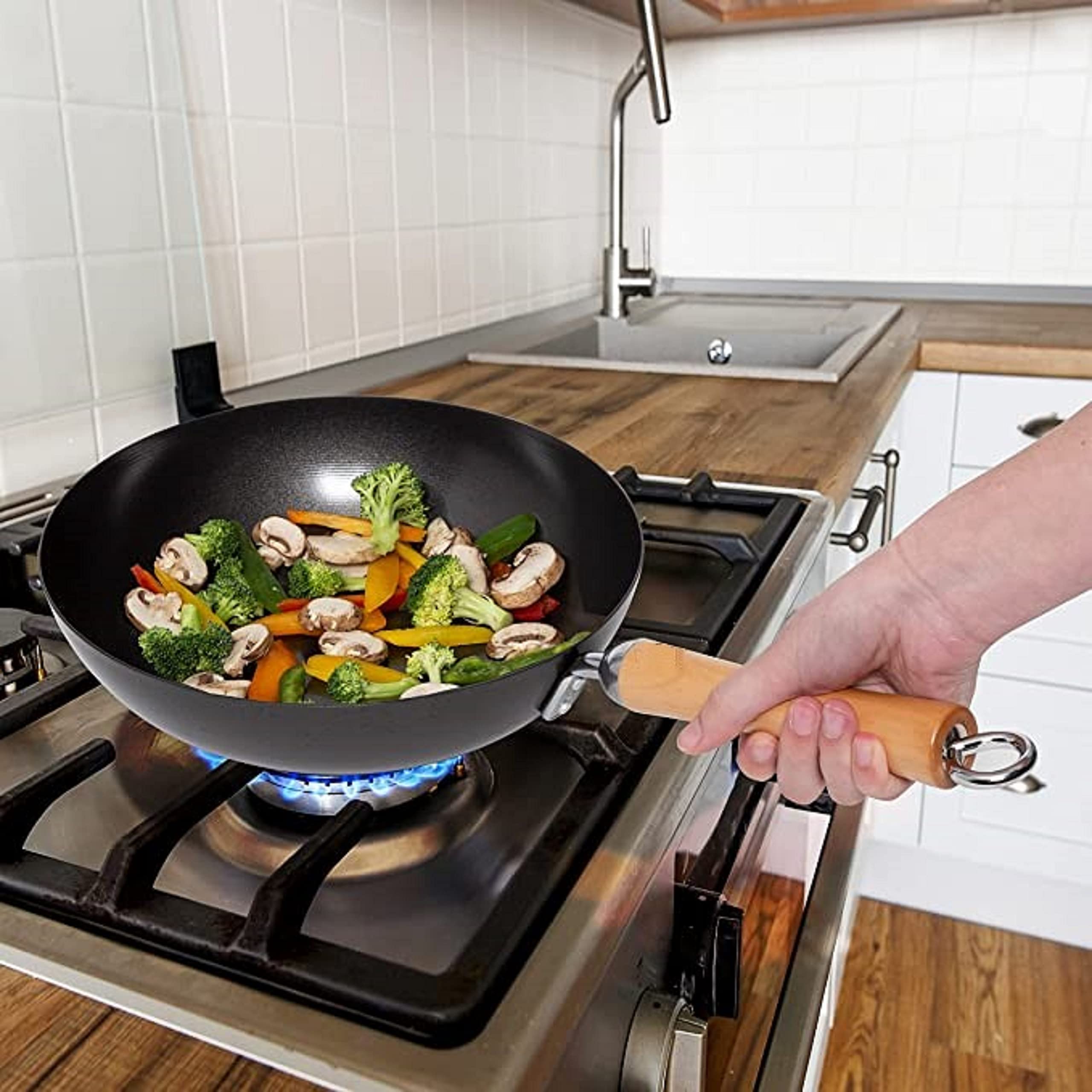 TrueCraftware 12-Inch Non-Stick Carbon Steel Wok Pan with Wooden Handle - Flat Bottom Stir Fry Pan for Asian Cooking - Perfect for Stir-Frying, Deep Frying, Steaming & Grilling - Ideal for Home Chefs & Restaurant Use