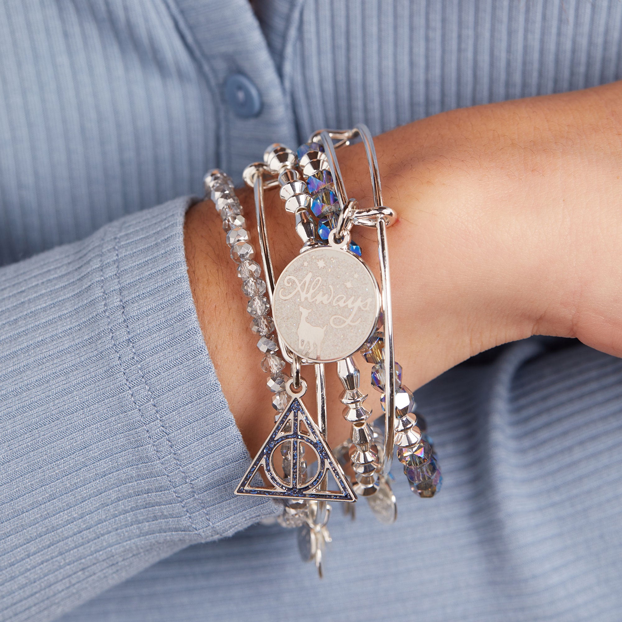 Harry Potter™ 'Always' Charm Bangle Set of 5 - Sterling Silver Friendship Bracelets for Women, Gift for Potterheads, Perfect for Cosplay, Halloween & Daily Wear