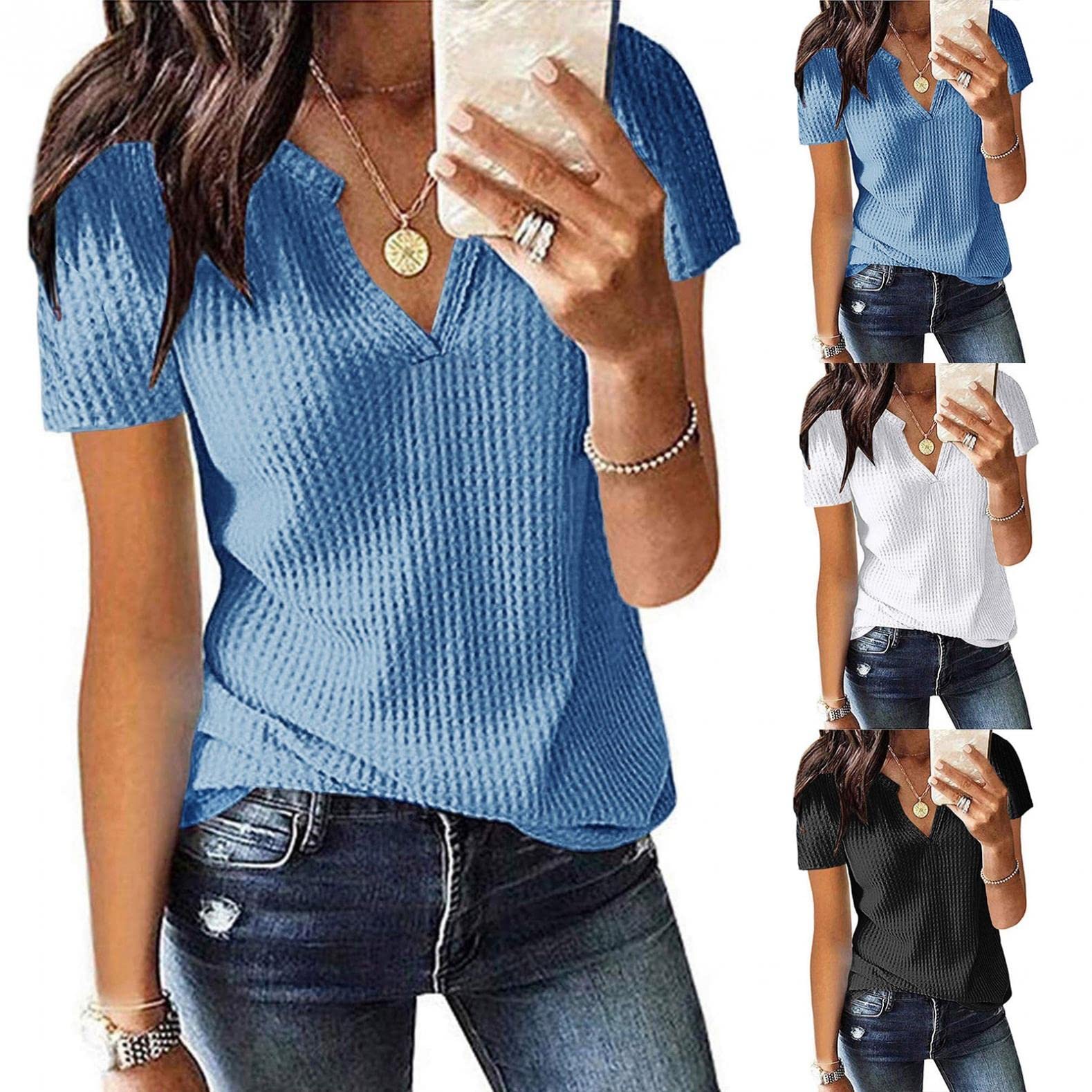 Women's Waffle Knit Short Sleeve Tunic Top - Solid Color V-Neck Henley Blouse, Loose Fit Summer Ribbed Shirt for Casual Wear, Beach Outfits & Everyday Comfort
