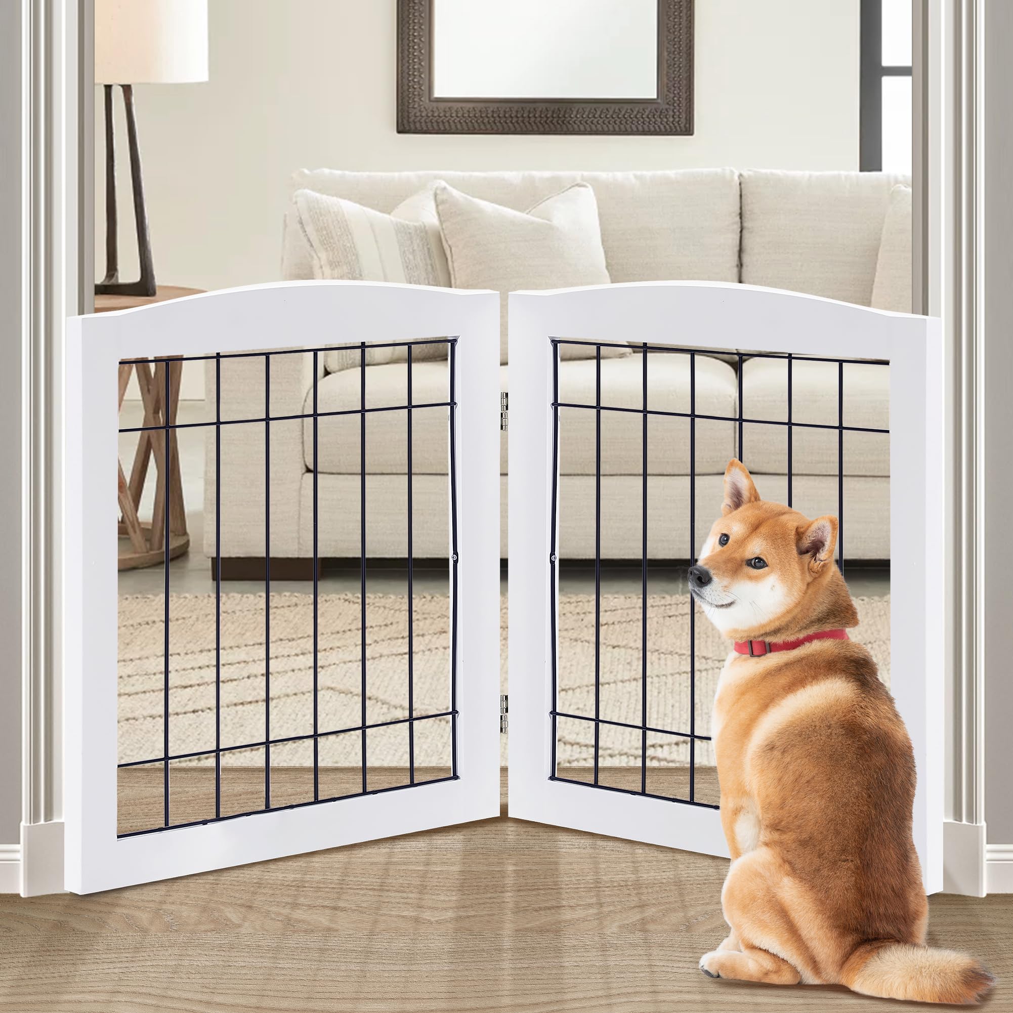 LZRS 2-Panel Freestanding Foldable Wooden Dog Gate with Steel Wire - Chew-Resistant Pet Barrier for Small to Medium Dogs - Solid Wood Construction in White - Perfect for Doorways, Hallways and Staircases (Indoor Use)