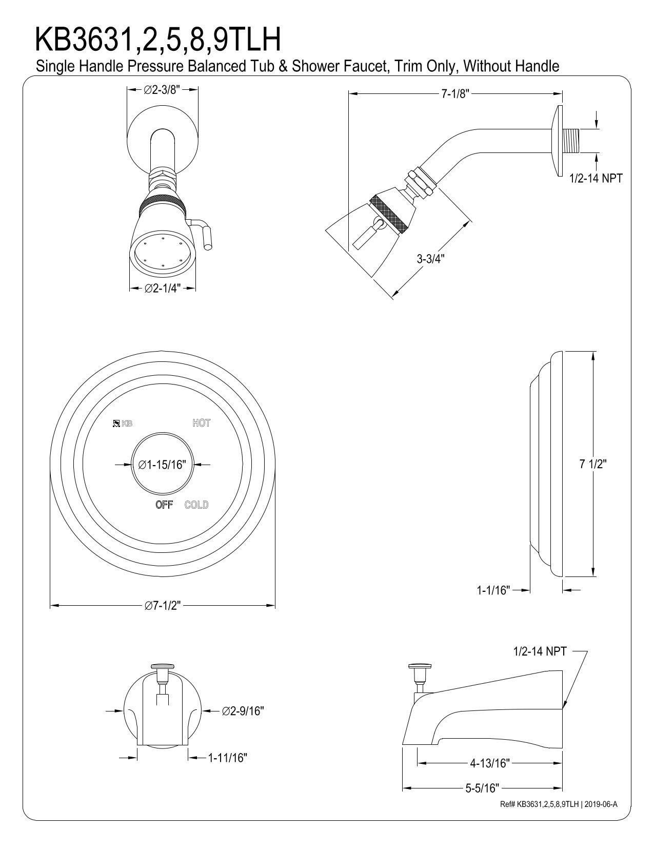 Kingston Brass KB3639TLH Tub and Shower Faucet Trim Kit - Brushed Nickel/Polished Brass Finish - 7.5