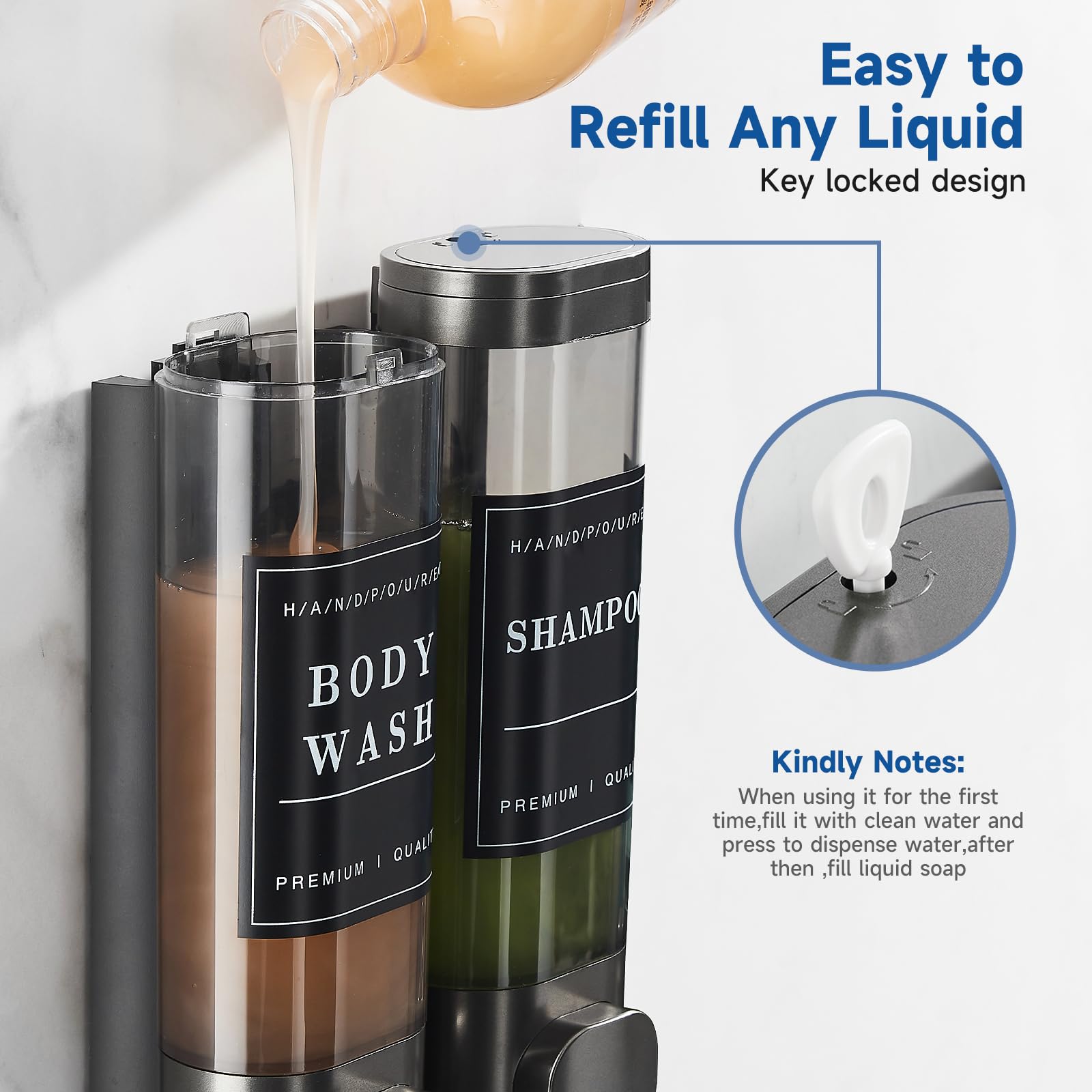 2-Chamber No Drill Wall-Mounted Shower Soap Dispenser - Shampoo & Conditioner Dispenser for Bathroom, Hotel - Large Capacity Dark Gray - Perfect for Spa-Like Showers & Clutter-Free Bathroom Organization