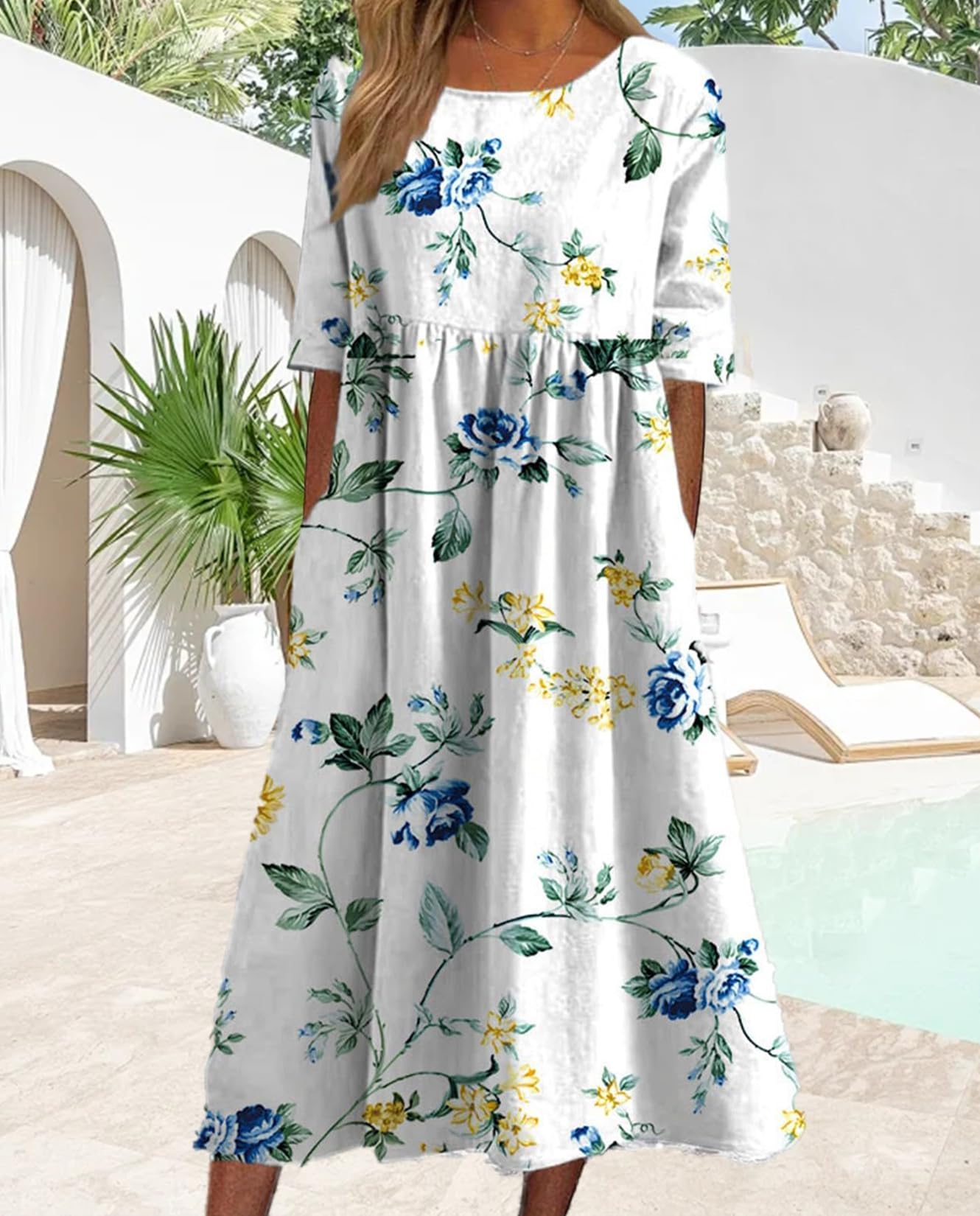 Boho Floral Print Midi Dress for Women - Short Sleeve Pleated Casual Beach Dress with Pockets | Summer 2024 Fashion | Perfect for Vacations, Date Nights & Outdoor Events
