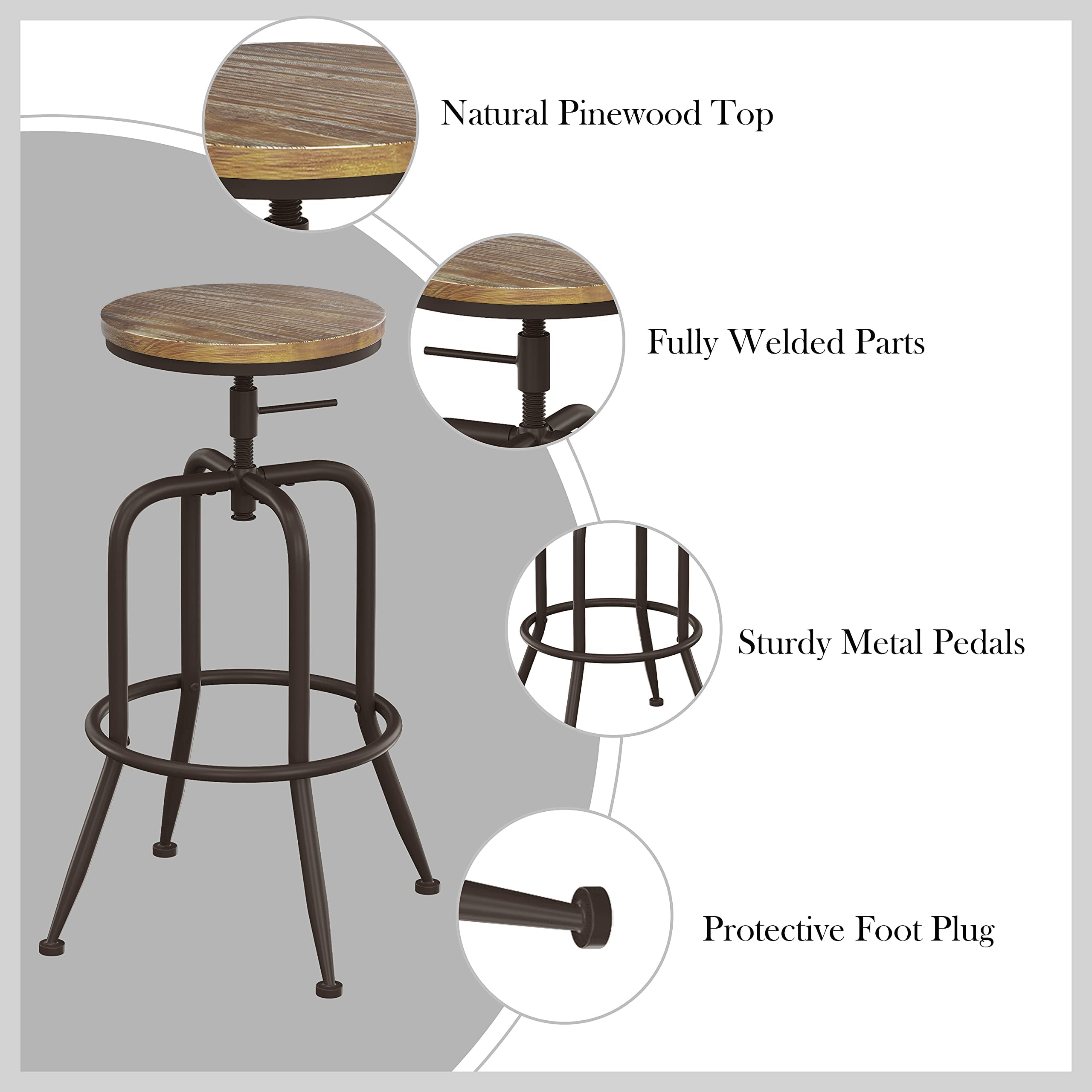 Industrial Bar Stools Set of 2 - Adjustable Height Metal Swivel Bar Stools with Footrest, 27-30 Inch Counter Height Bar Chairs for Kitchen Island, Coffee Bar & Home Pub - Heavy Duty & Space Saving Design