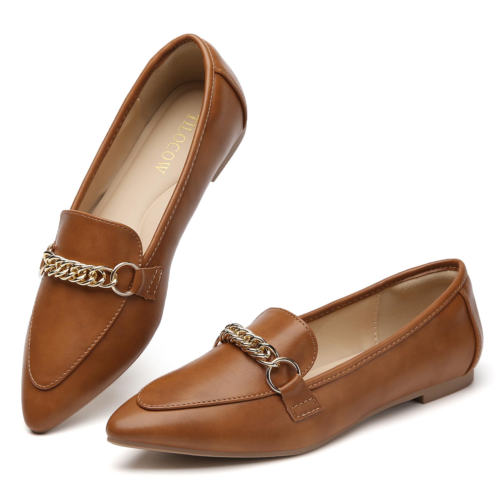 Stylish Women's Pointed Toe Metal Chain Loafers - Comfortable Slip-On Flats for Work & Office | Fashionable Dress Shoes for Business Casual & Professional Outfits