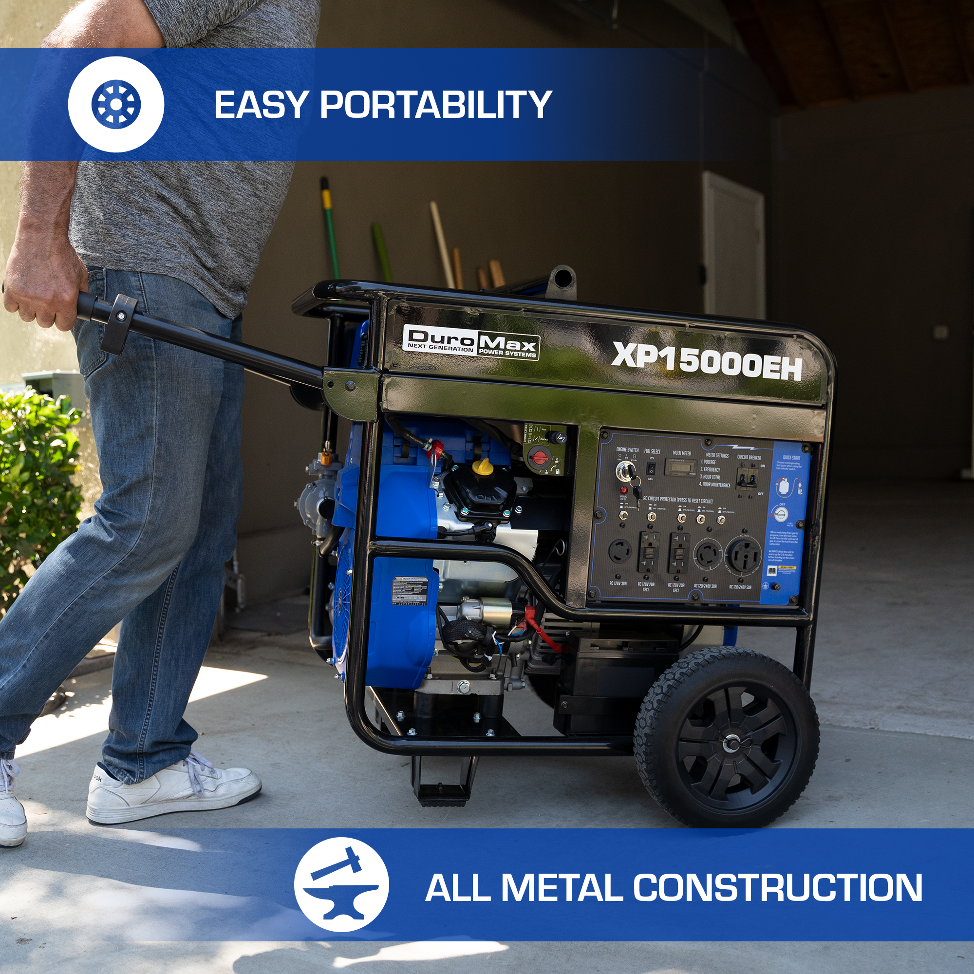 15,000W Dual Fuel Portable Generator - Gas & Propane Powered - Backup Power for Home, Camping & Emergency Use