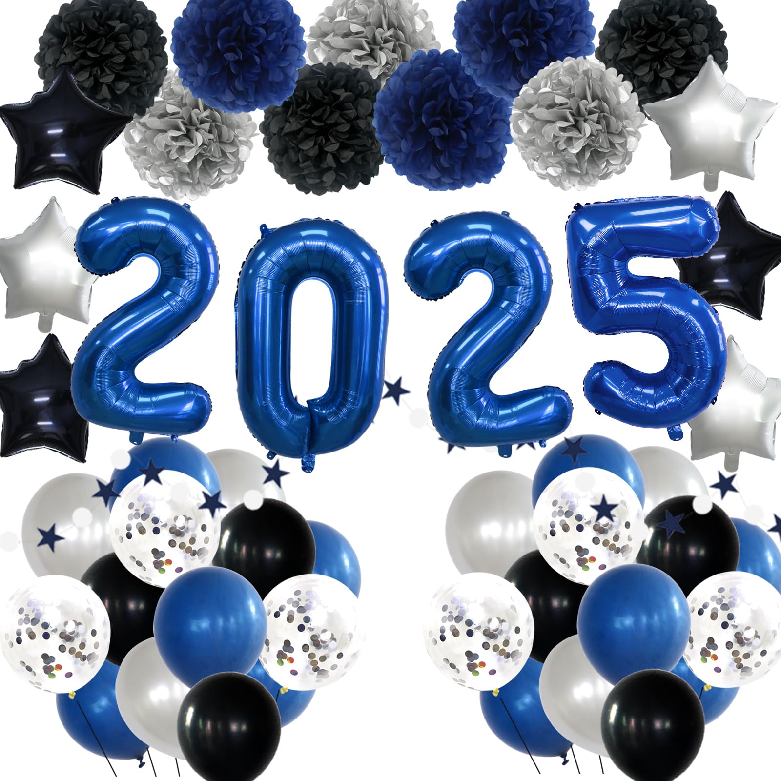 2025 Graduation Party Decorations - Blue & Black Class of 2025 Balloons, Banner, Garland & Pom Poms for New Year's Eve & Graduation Celebrations - Perfect for School Events, Home Decor & Photo Backdrops