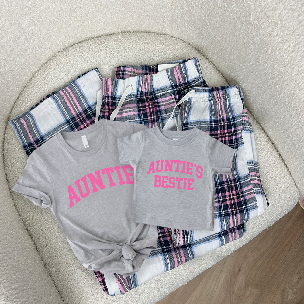 Best Matching T-Shirt & Pajama Sets for Women - Auntie & Auntie's Bestie Garland - Grey & Pink Combo - Perfect for Family Gatherings, Sleepovers & Matching Outfits