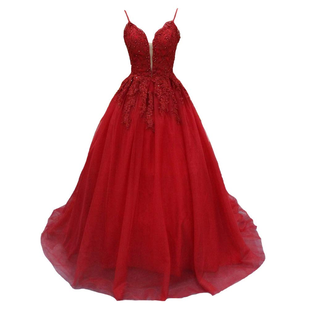Lemai Women's Beaded Lace Appliques Spaghetti Strap V-Neck Ball Gown Long Prom Dress for Evening Gala, Wedding Party & Formal Events