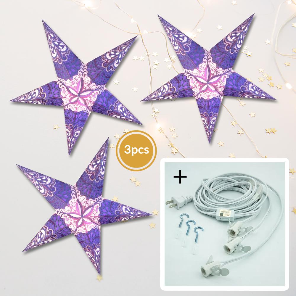 3 Pack Blue Rain 24 Inch LED Illuminated Paper Star Lanterns - Includes Bulbs & Cord for Indoor/Outdoor Party, Wedding, Festival & Home Decor Lighting