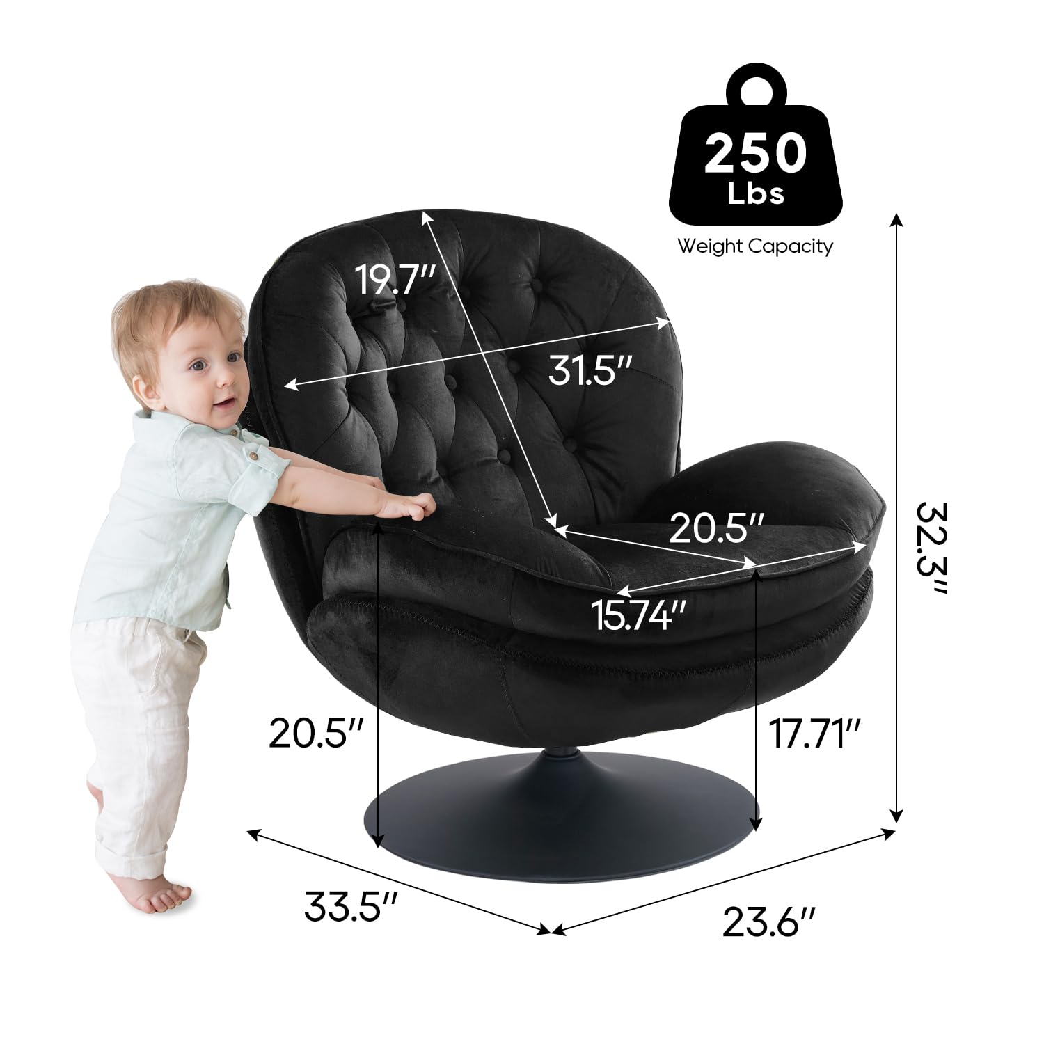 Velvet Swivel Accent Chair with Ottoman Set - Modern Tufted Armchair & Footrest for Living Room, Bedroom & Office - 360 Degree Rotating Lounge Chair for Reading, TV Watching & Relaxing - Soft Chaise Lounge Chairs for Adults (Black) - Perfect for Small Spaces, Apartments & Home Decor