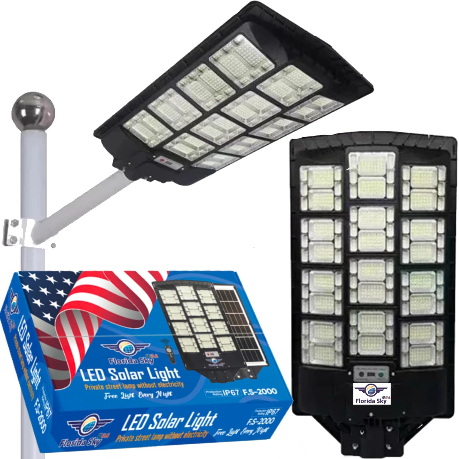 Florida Sky Solar Street Lights Outdoor 2000W - 175000LM LED Parking Lot Light with Motion Sensor, Dusk to Dawn Waterproof Flood Light for Driveway, Garden, Backyard & Security Lighting | Solar Powered Outdoor Lighting Solution
