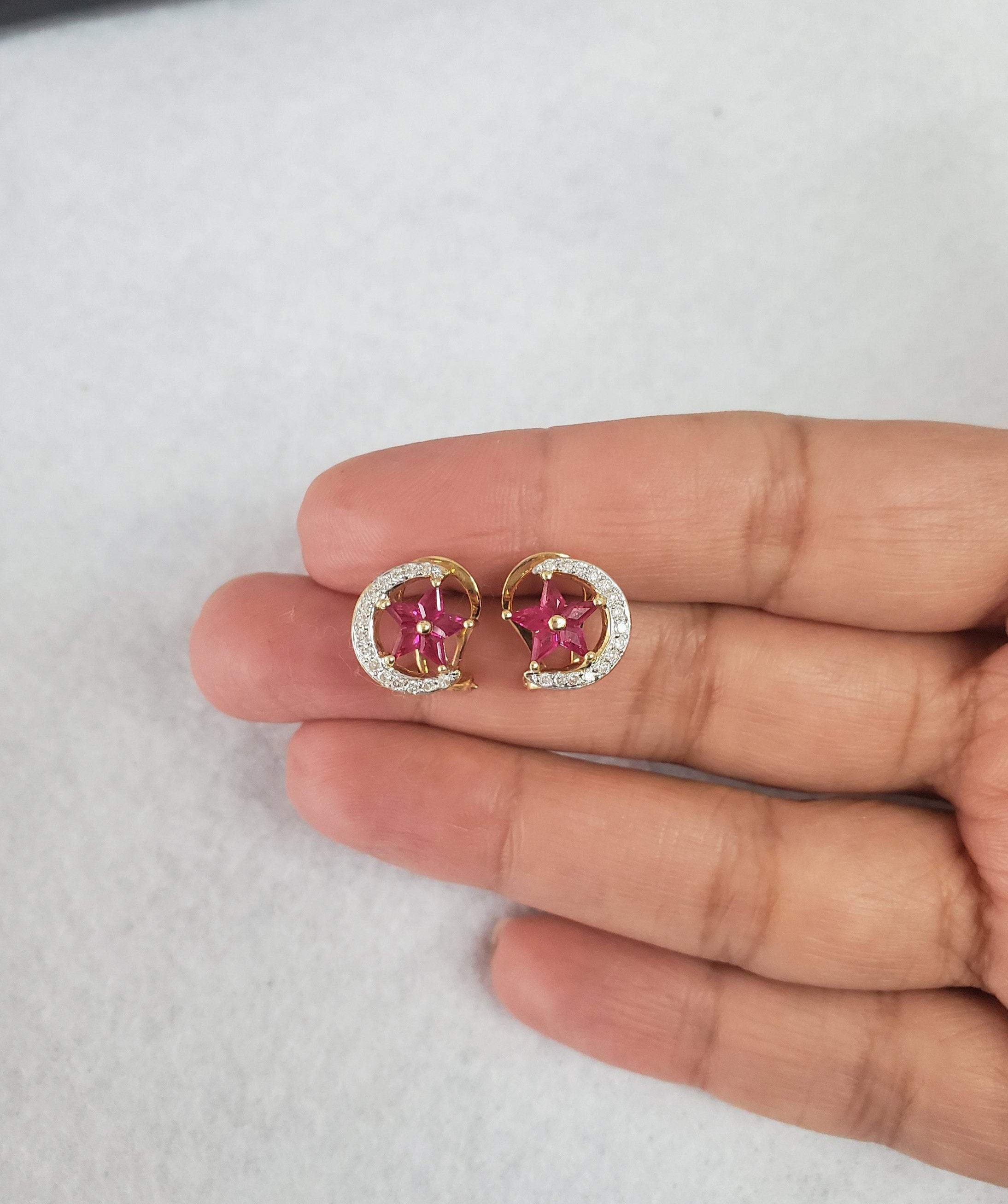 1.14cttw Star & Crescent Moon Ruby Diamond Earrings in 14k Yellow Gold - Elegant Dangle Earrings for Women, Perfect for Weddings, Parties & Special Occasions