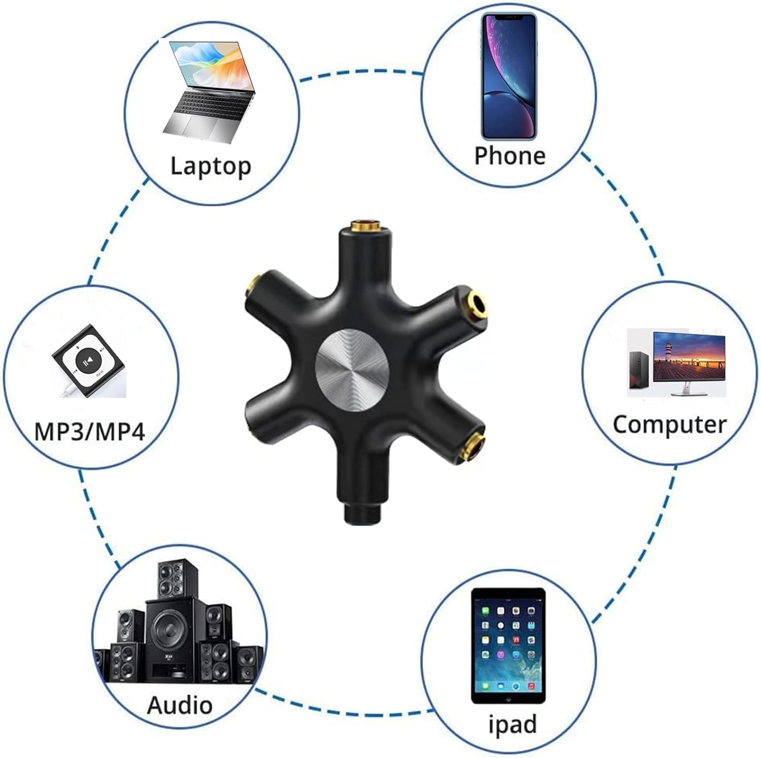 5-Way 3.5mm Headphone Splitter - 1 Male to 4 Female Stereo Audio Adapter with Cable for Music Sharing, Gaming, Classroom & Multi-Listener Scenarios