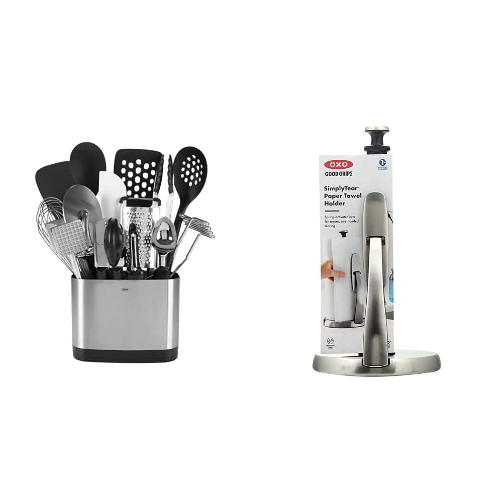 OXO Good Grips 15-Piece Everyday Kitchen Utensil Set with Stainless Steel Tools & SimplyTear Standing Paper Towel Holder - Premium Brushed Steel Kitchen Essentials for Cooking, Baking and Home Organization