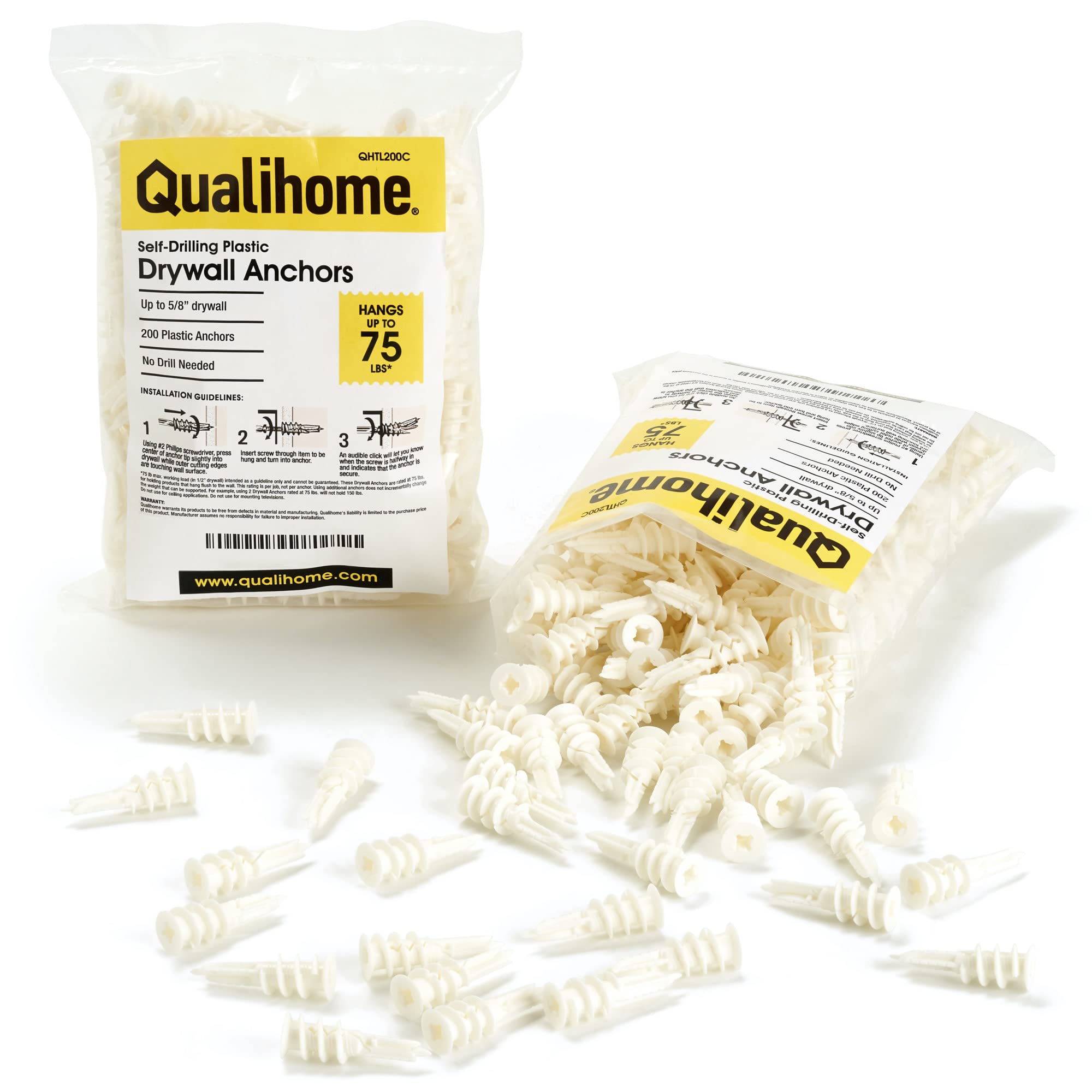 Qualihome Self Drilling Drywall Anchors - Heavy Duty Plastic Wall Anchors for Drywall, Gypsum Board & Sheetrock - No Pre-Drilling Needed - Holds 75 lbs (200 Pack) - Perfect for Hanging Pictures, Shelves, Mirrors & Home Decor