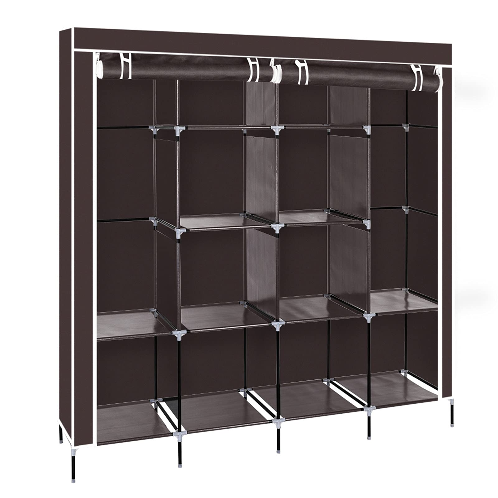 Keseno 67 Inch Portable Wardrobe Closet - 12 Shelves & 4 Side Pockets Storage Organizer for Clothes, Dark Brown | Space-Saving Solution for Bedroom, Living Room, Entryway & Dorm Organization