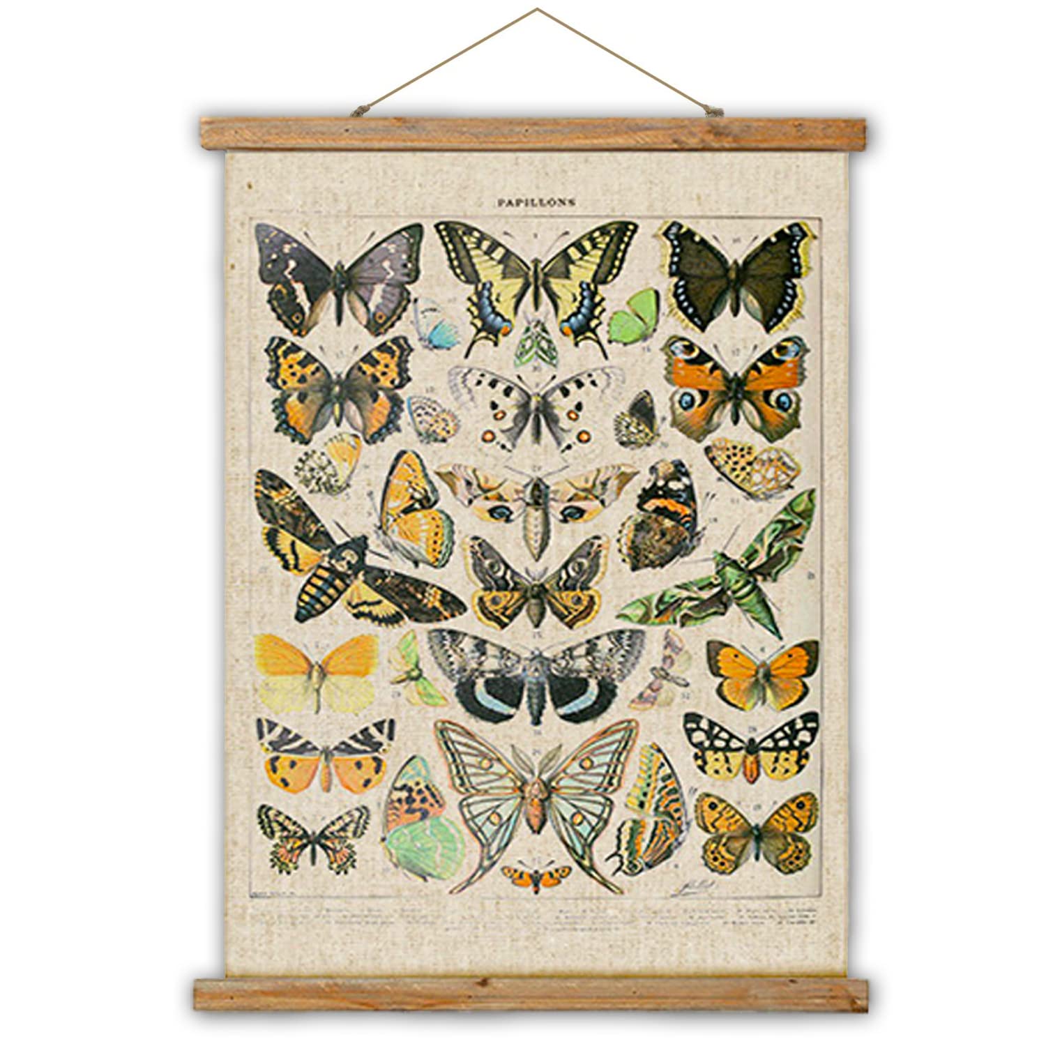 Vintage Butterflies Wall Art - Retro Style Hanging Poster with Wood Frame, Printed on Linen - Ready to Hang - Perfect for Living Room, Bedroom & Office Decor