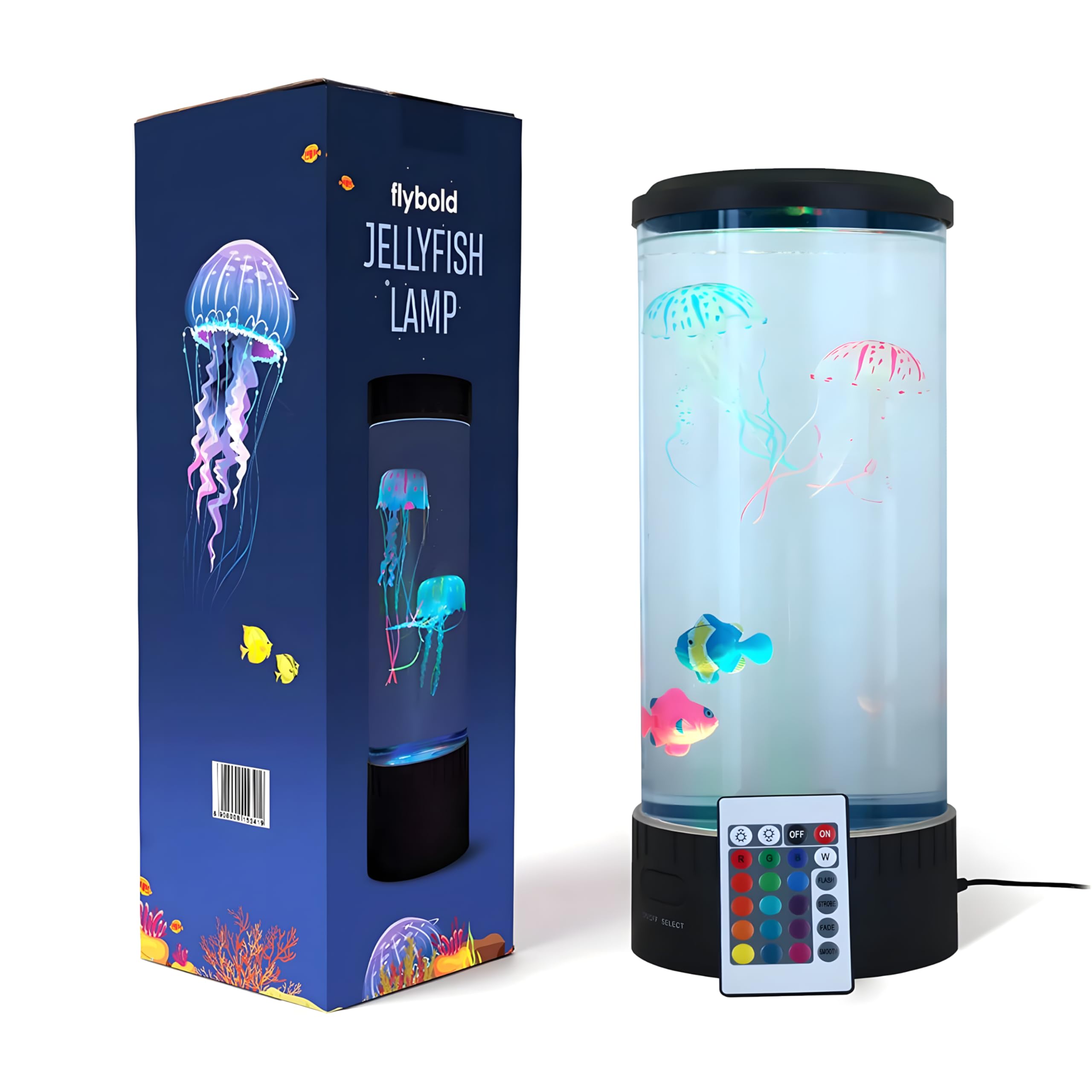 FlyBold Jelly Fish Light Lamp - 14 Inch LED Jellyfish Aquarium Night Light with 20 Color Changing Modes, Remote Control, 2 Clownfish & Jellyfish Figures - Sensory Mood Lamp for Bedroom, Office Desk Decor, Kids Room, Meditation & Relaxation Therapy
