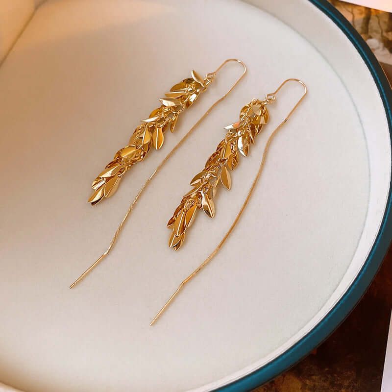 Vintage Gold Leaf Chain Threader Earrings - Dainty Boho Jewelry for Women | A7778 | Perfect for Parties, Weddings & Everyday Wear