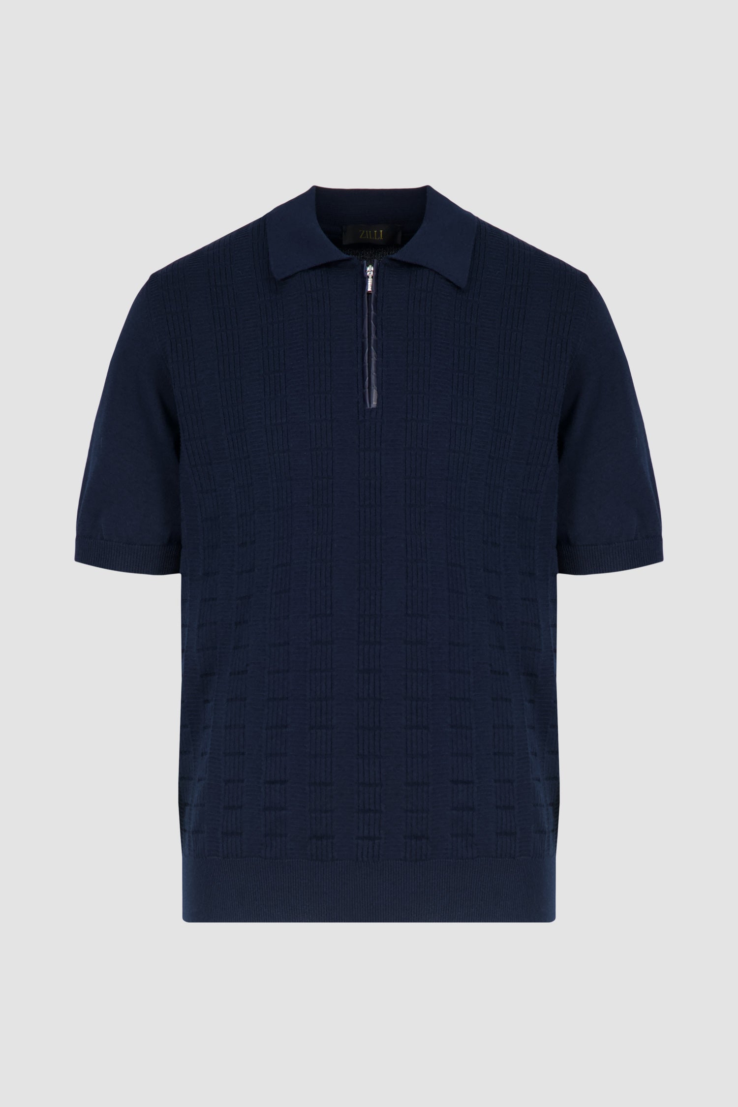 Zilli Navy Blue Zip-Up Short Sleeve Polo Shirt with Crocodile Logo - Perfect for Casual Outings, Golf, and Business Casual Wear