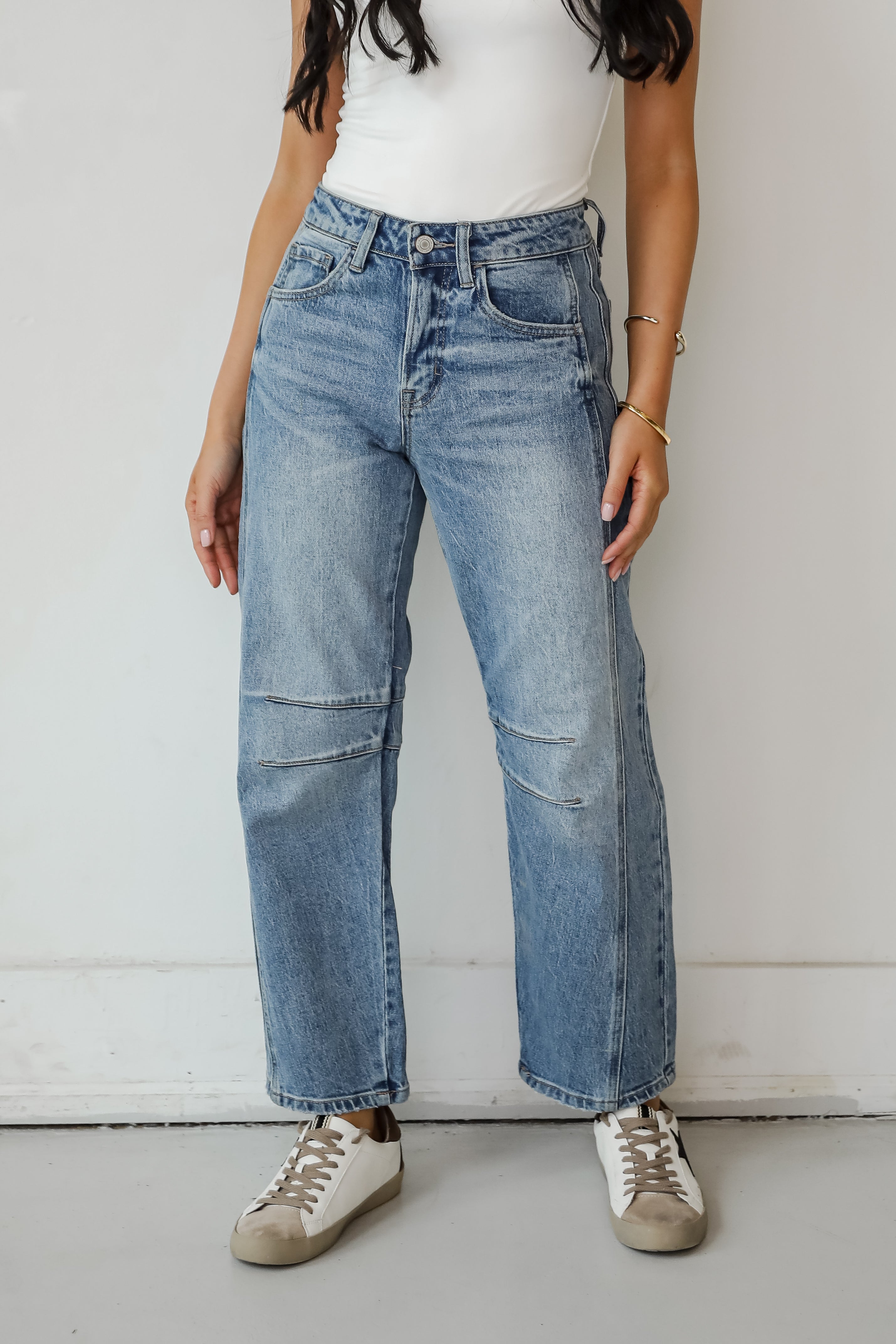 Addy Medium Wash High Rise Barrel Jeans for Women - Vintage Inspired Stretch Denim Pants for Casual Wear & Everyday Outfits