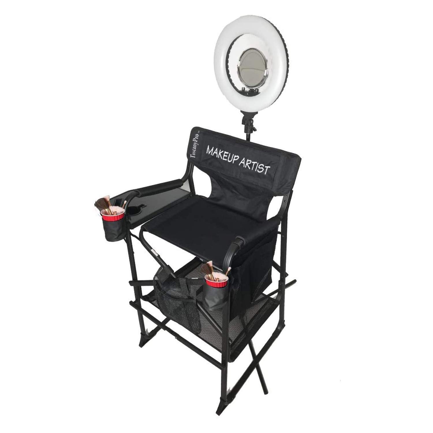 Portable Big Daddy Heavy-Duty Makeup Artist Chair with 14” LED Ring Light - Professional Salon Stool for Makeup Artists, Bridal Events & Photoshoots - 29 Inch Adjustable Height with Carry Bag - Ideal for Home Studios & Mobile Beauty Services