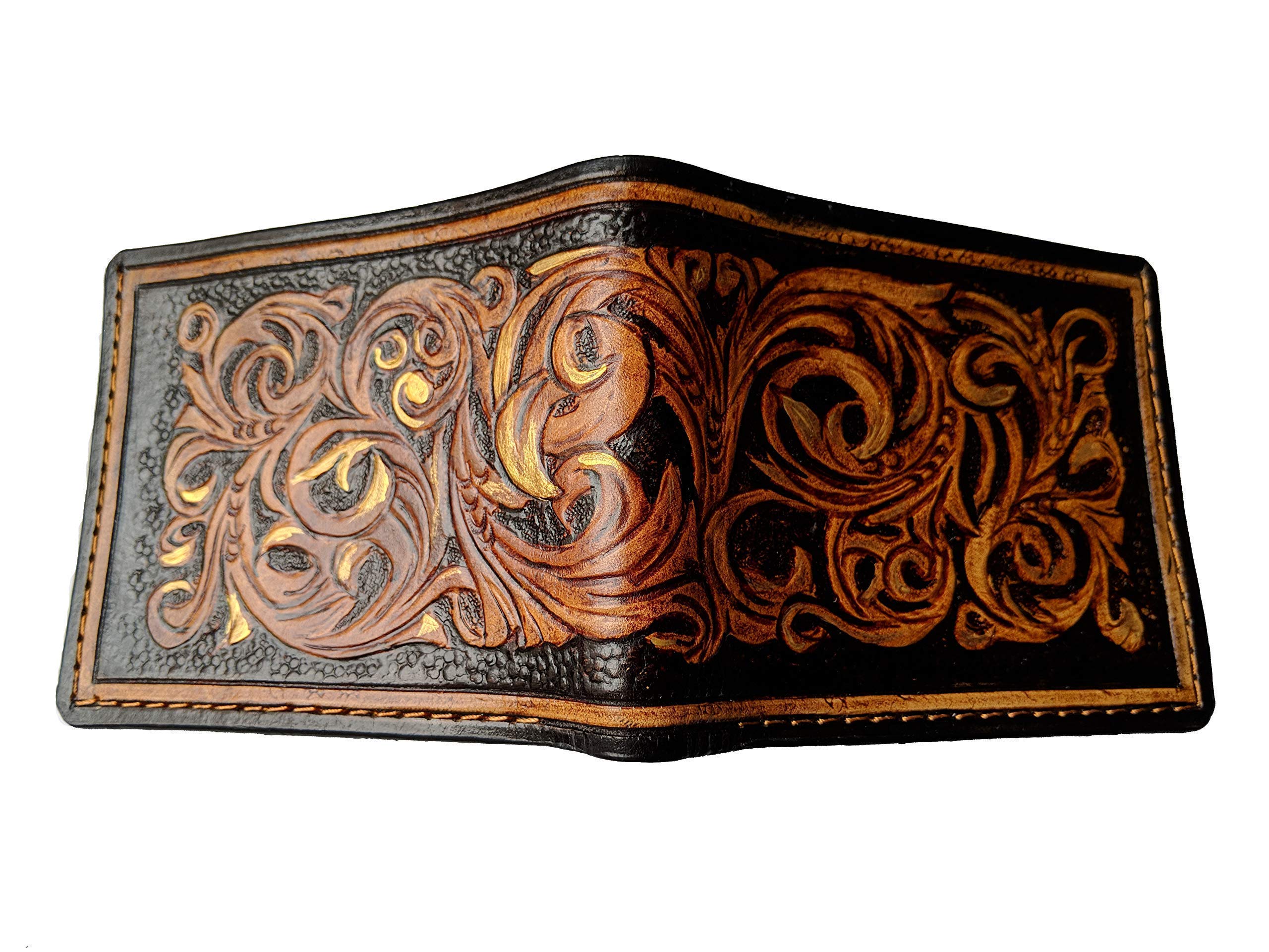 Handmade 3D Genuine Leather Wallet for Men - Custom Engraved & Hand-Painted Floral Design - Personalized Gift for Dad, Husband, Boyfriend - Perfect for Everyday Use, Travel & Special Occasions