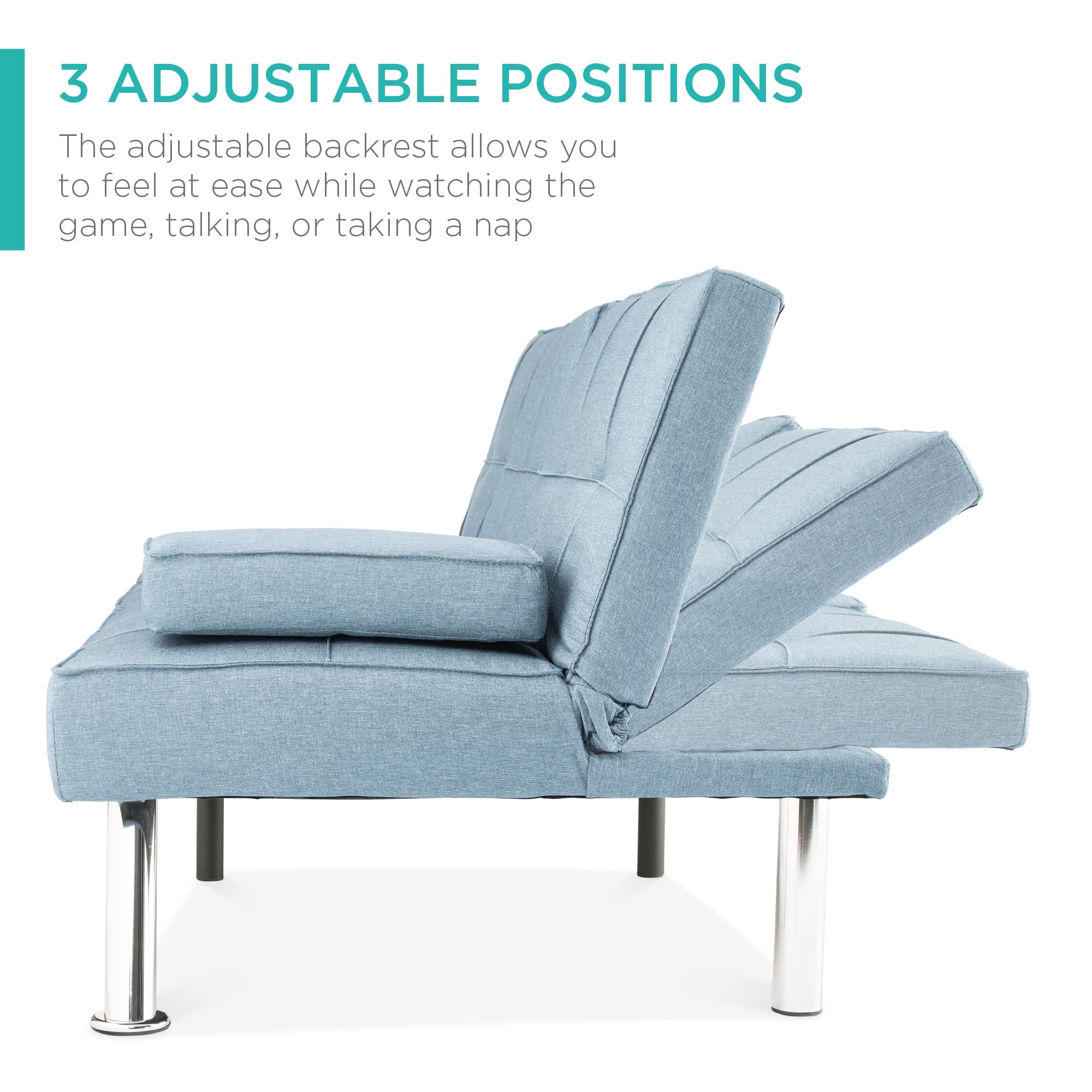 Best Choice Products Modern Folding Futon Sofa Bed - Light Blue Linen Reclining Convertible Couch with Removable Armrests & 2 Cup Holders - Perfect for Small Apartments, Dorm Rooms, Guest Rooms and Home Offices