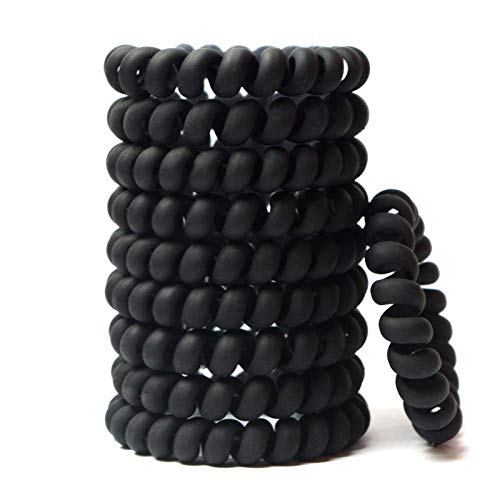FAMEZA 10 Pack No Crease Spiral Hair Ties - Traceless Elastic Coil Hair Bands for Women & Girls | Phone Cord Style, Waterproof Hair Coils (Black) - Perfect for Workouts, Yoga, Swimming & Everyday Hairstyles