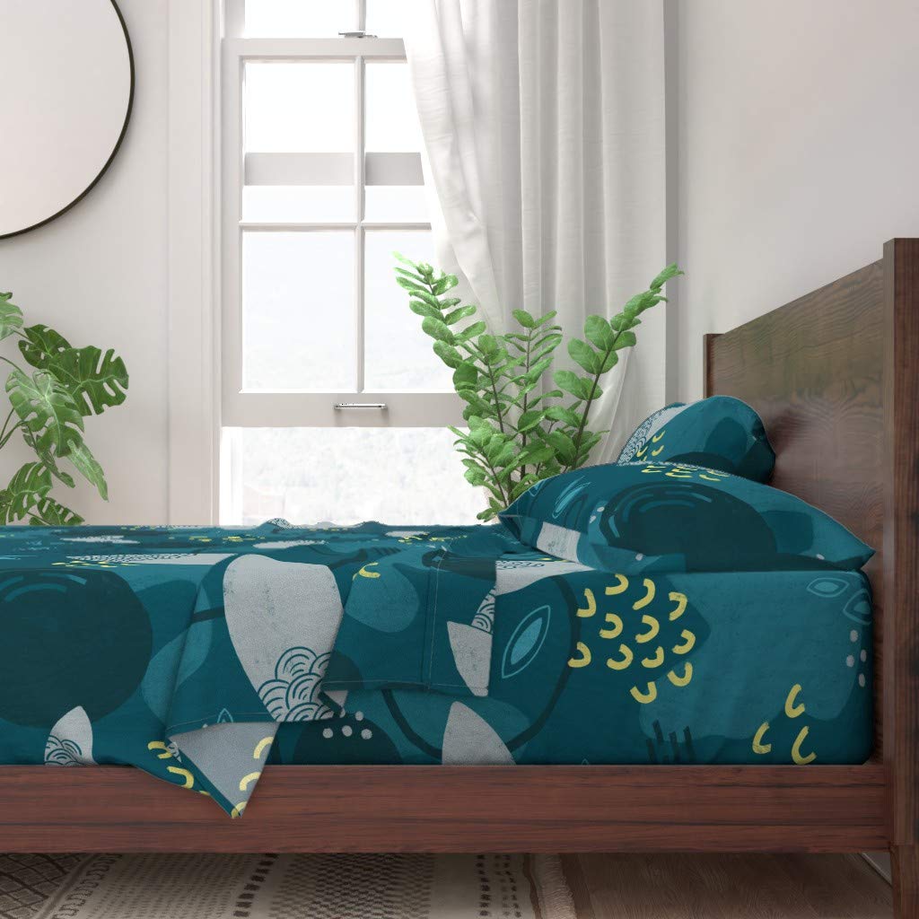 Spoonflower 100% Cotton Twin Size 3-Piece Bed Sheet Set - Modern Abstract Geometric Print with Blue & Yellow Lines | Custom Bedding for Contemporary Home Decor & Guest Room Styling