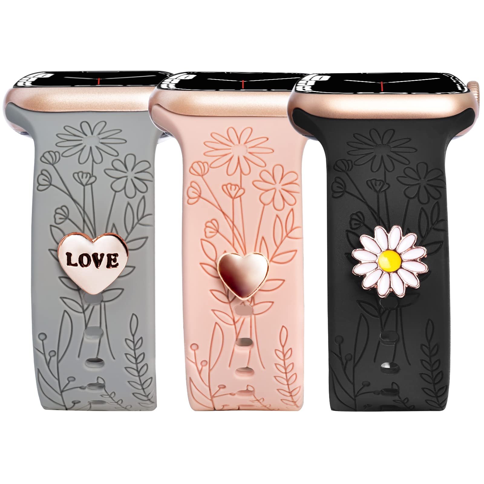 Floral Engraved Apple Watch Bands with Charms - Soft Sport Silicone Replacement Strap for iWatch Series SE/8/7/6/5/4/3/2/1 - 38mm 40mm 41mm Women's Wristbands - Perfect for Workouts, Daily Wear & Fashion Accessories