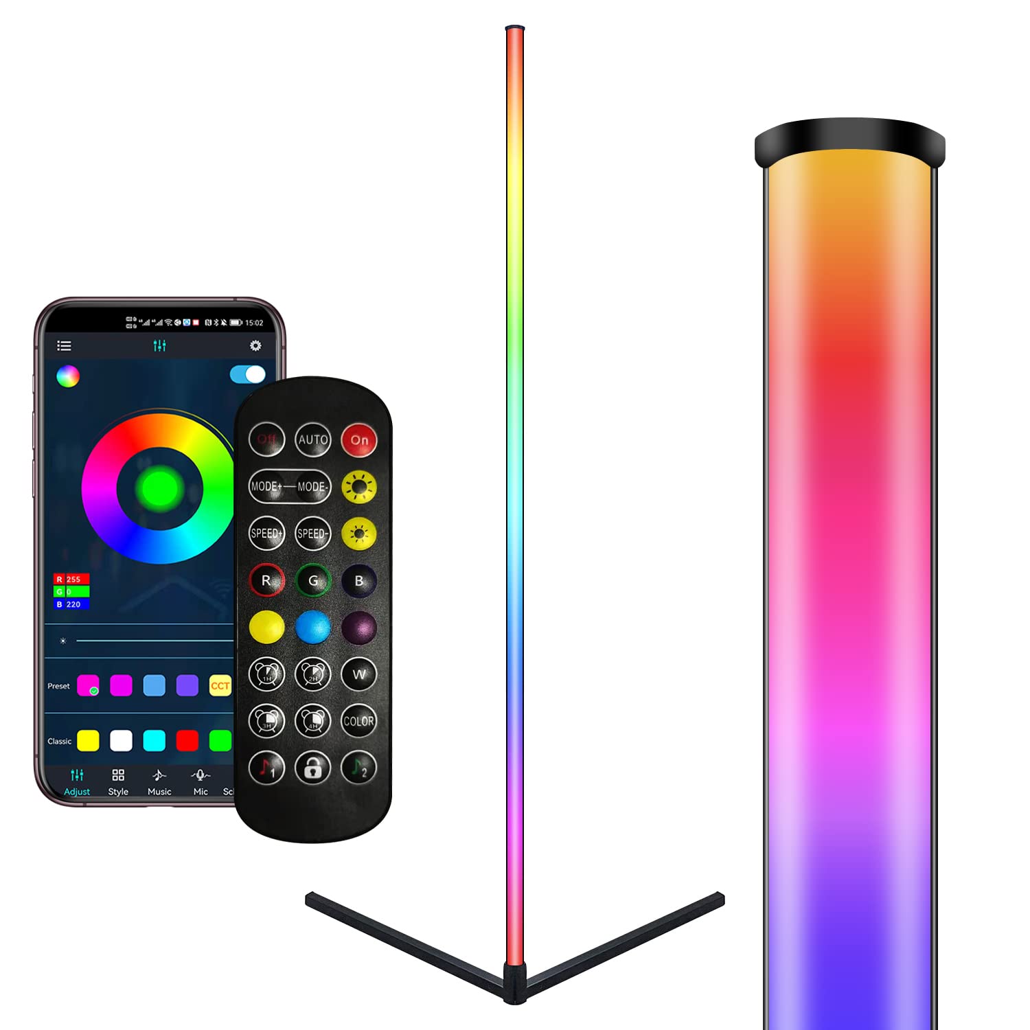 RGB LED Corner Floor Lamp with Bluetooth App Control - Color Changing Mood Lighting, Music Sync, Timer & Dimmable Features for Living Room, Bedroom - Perfect for Home Decor, Relaxation & Party Ambiance